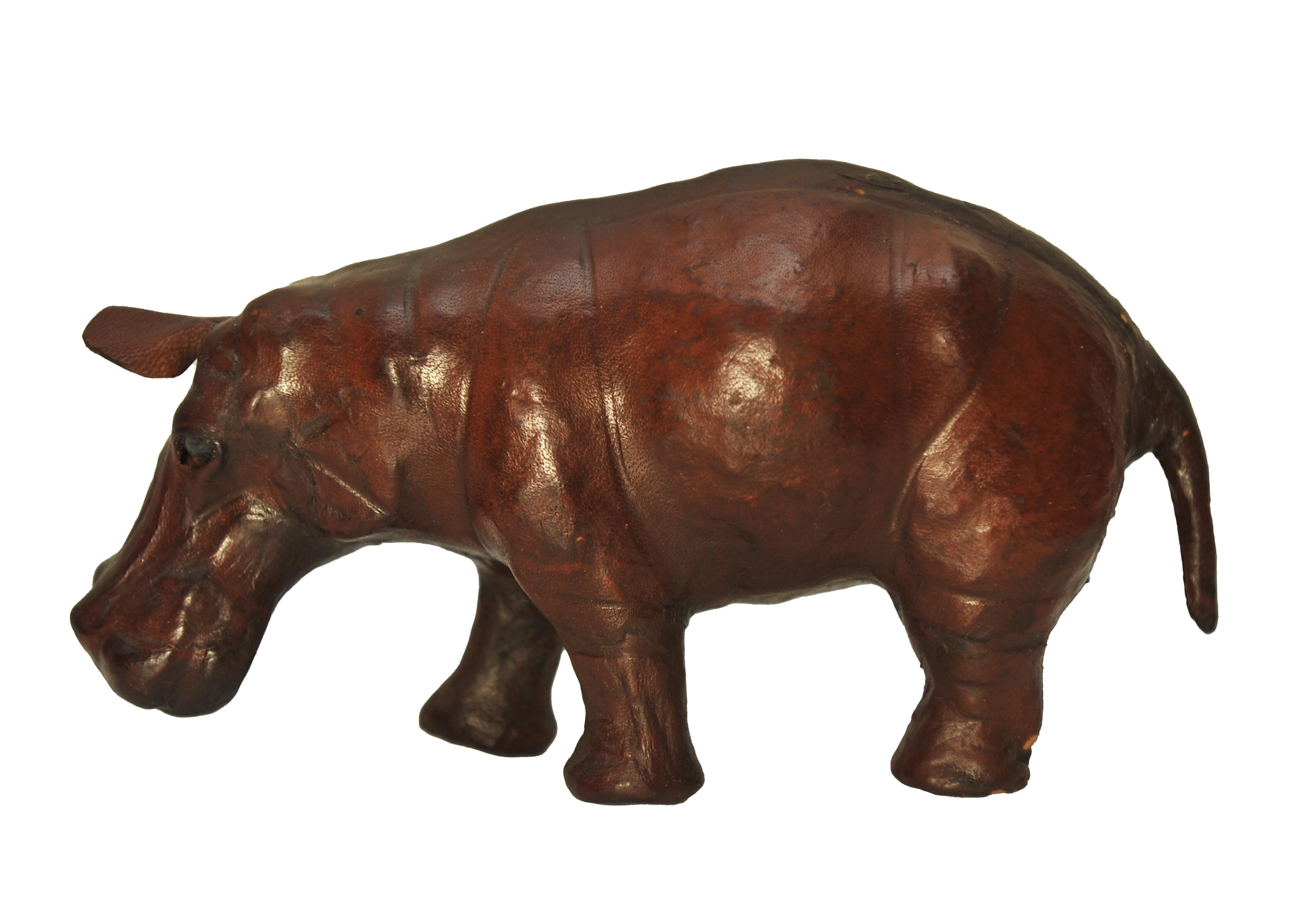 1920's Liberty of London Small Hand-Crafted Brown Leather Hippopotamus with Glass Eyes Decorative Model.