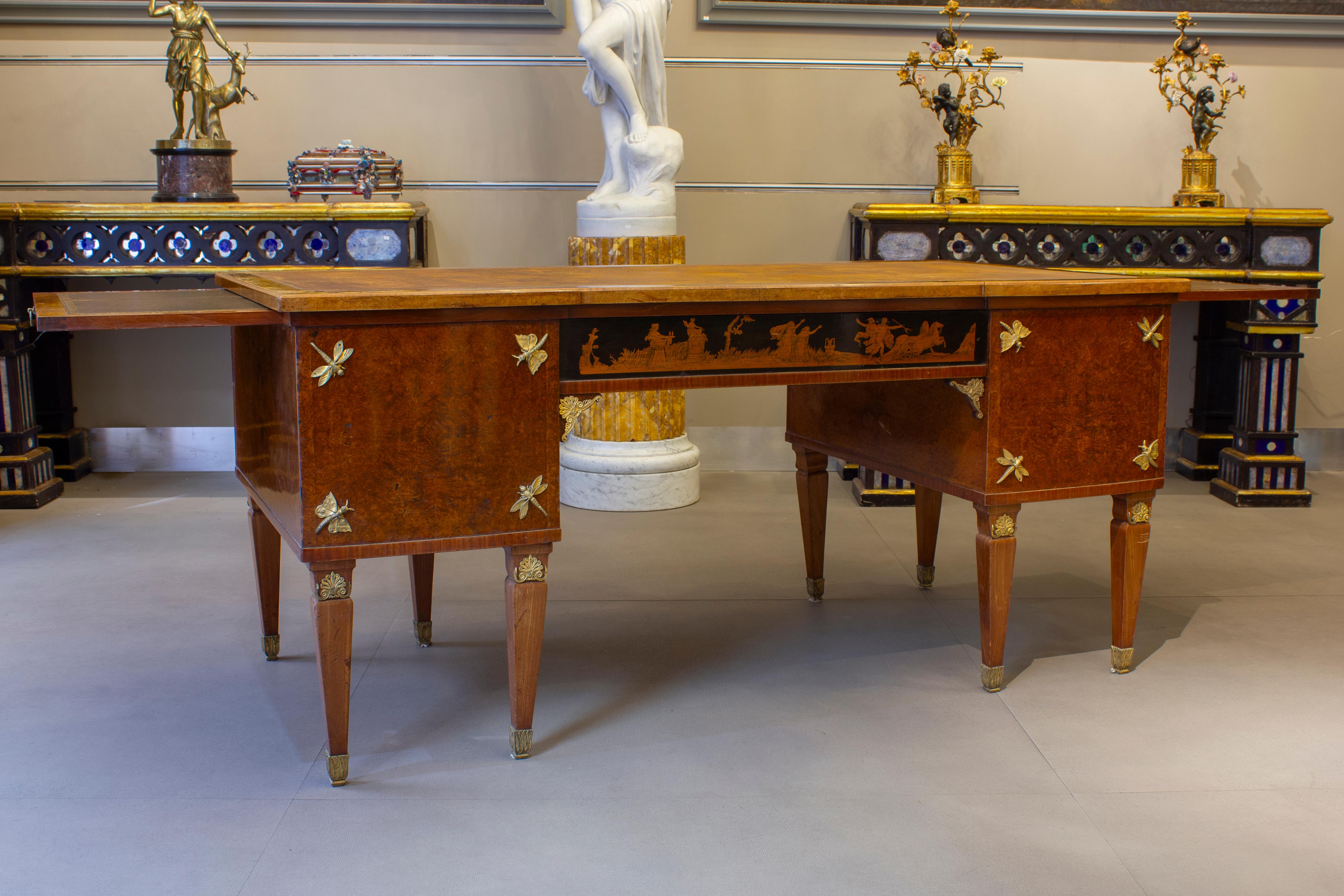 Extraordinary Liberty centered thuja briar writing desk with five drawers. The center drawer is finely decorated with mythological scenes. Delicious gilt bronze ornaments of dragonfly and butterflies on both sides.
Attributed to Vittorio Ducrot the