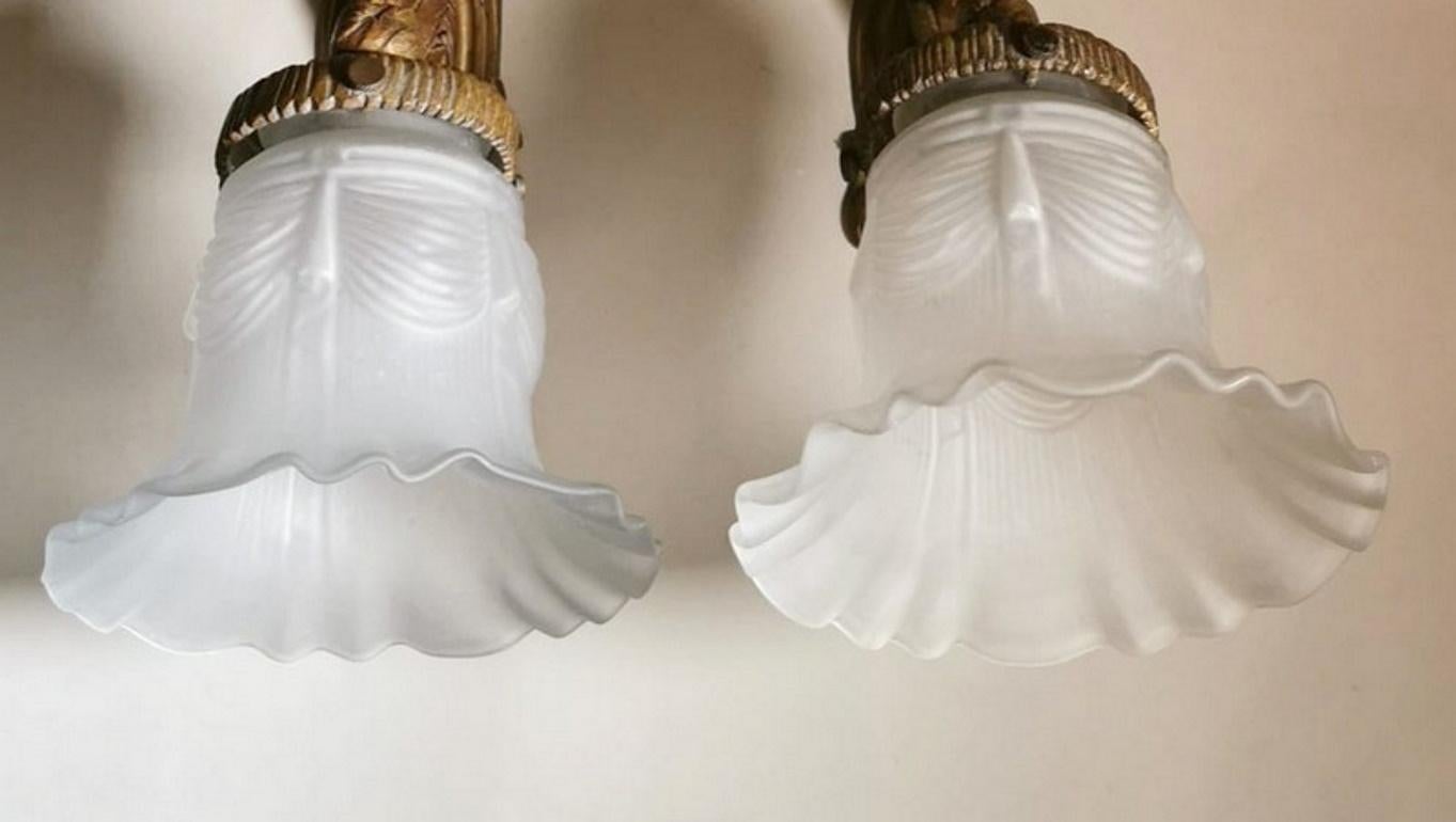 Cast Liberty Pair of French Wall Sconces in Gilt Bronze and Opaline Glass
