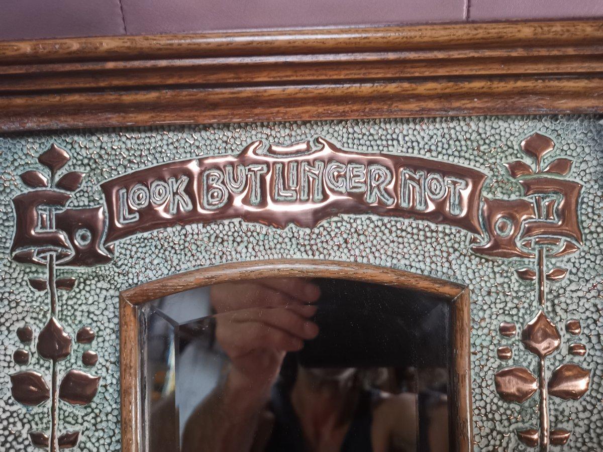 Arts and Crafts Liberty Style Arts & Craft Oak and Copper Mirror with Motto, Look But Linger Not