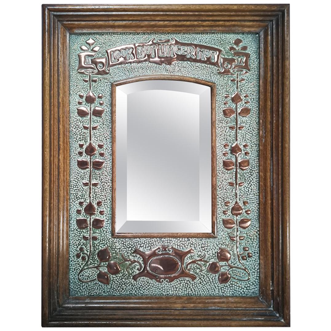 Liberty Style Arts & Craft Oak and Copper Mirror with Motto, Look But Linger Not
