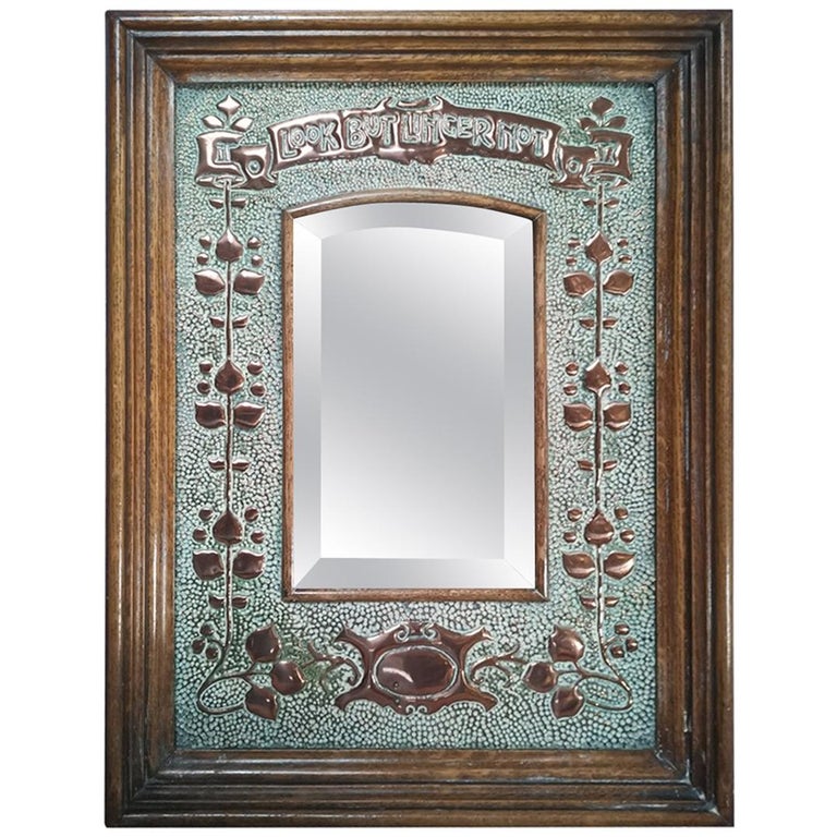 Liberty Style Arts and Craft Oak and Copper Mirror with Motto, Look But  Linger Not at 1stDibs