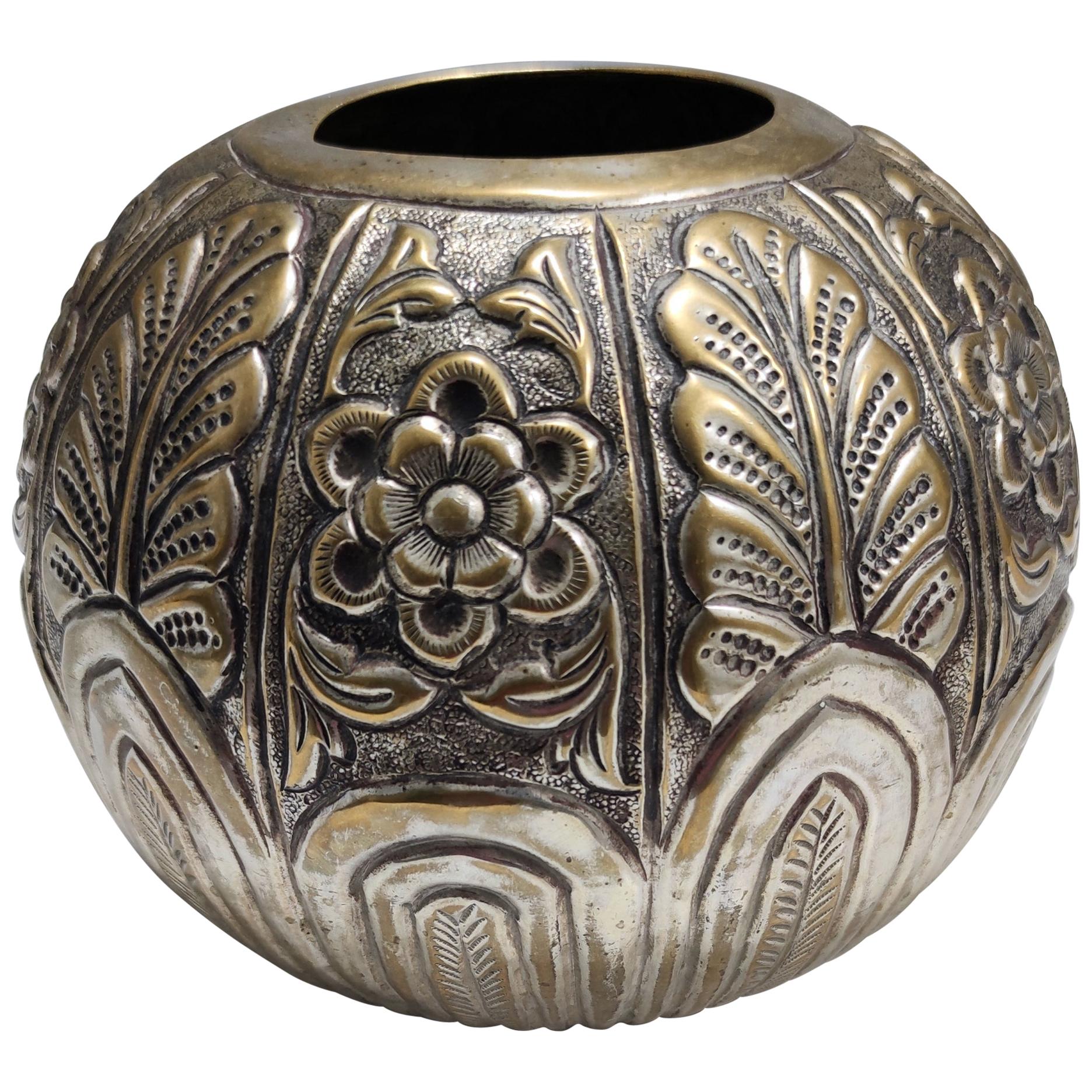 Liberty Style Embossed Brass Vase, Italy
