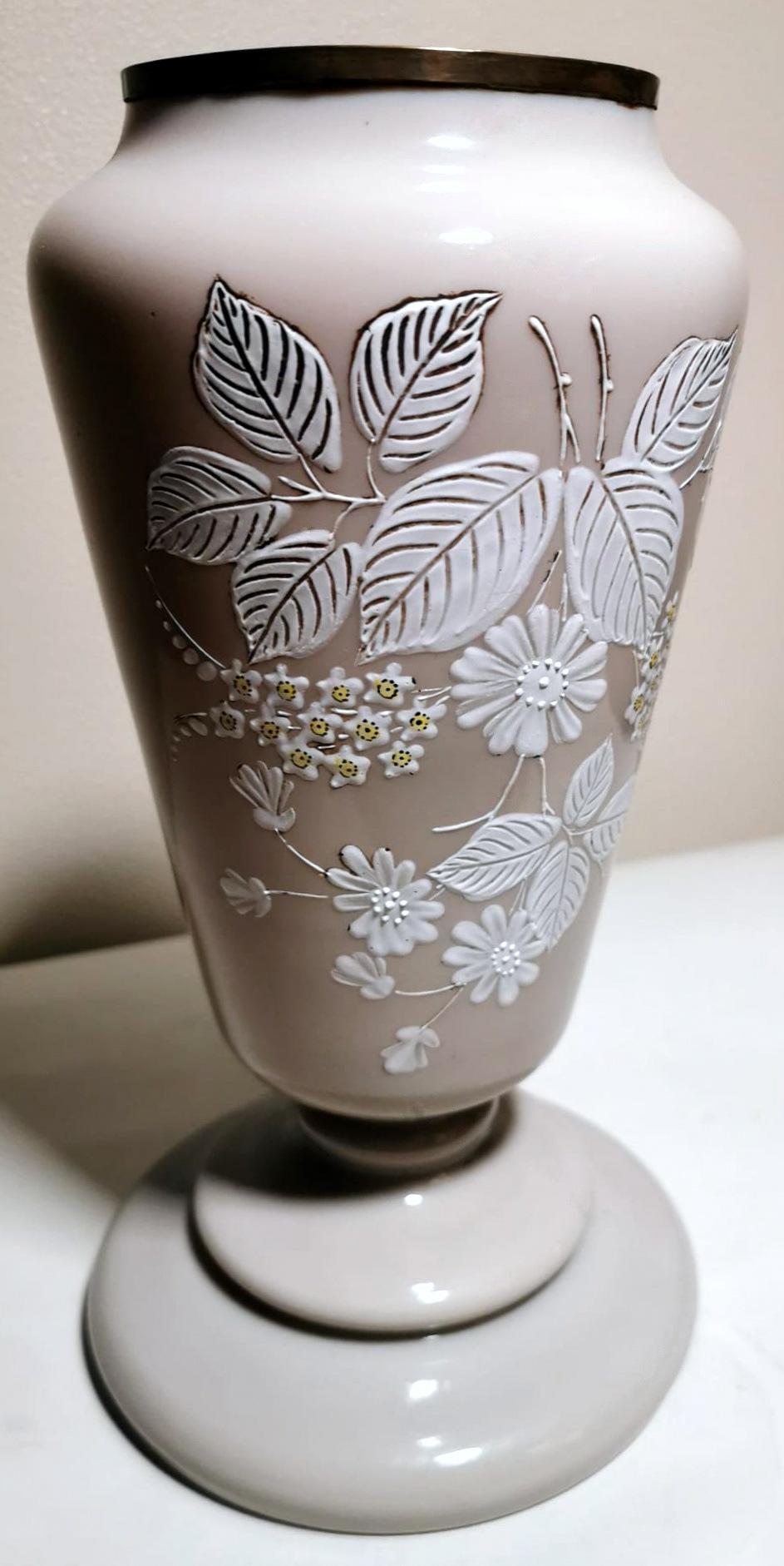 Art Nouveau Liberty Style French Vase Grey Opaline Glass and Hand Painted Flowers in Relief