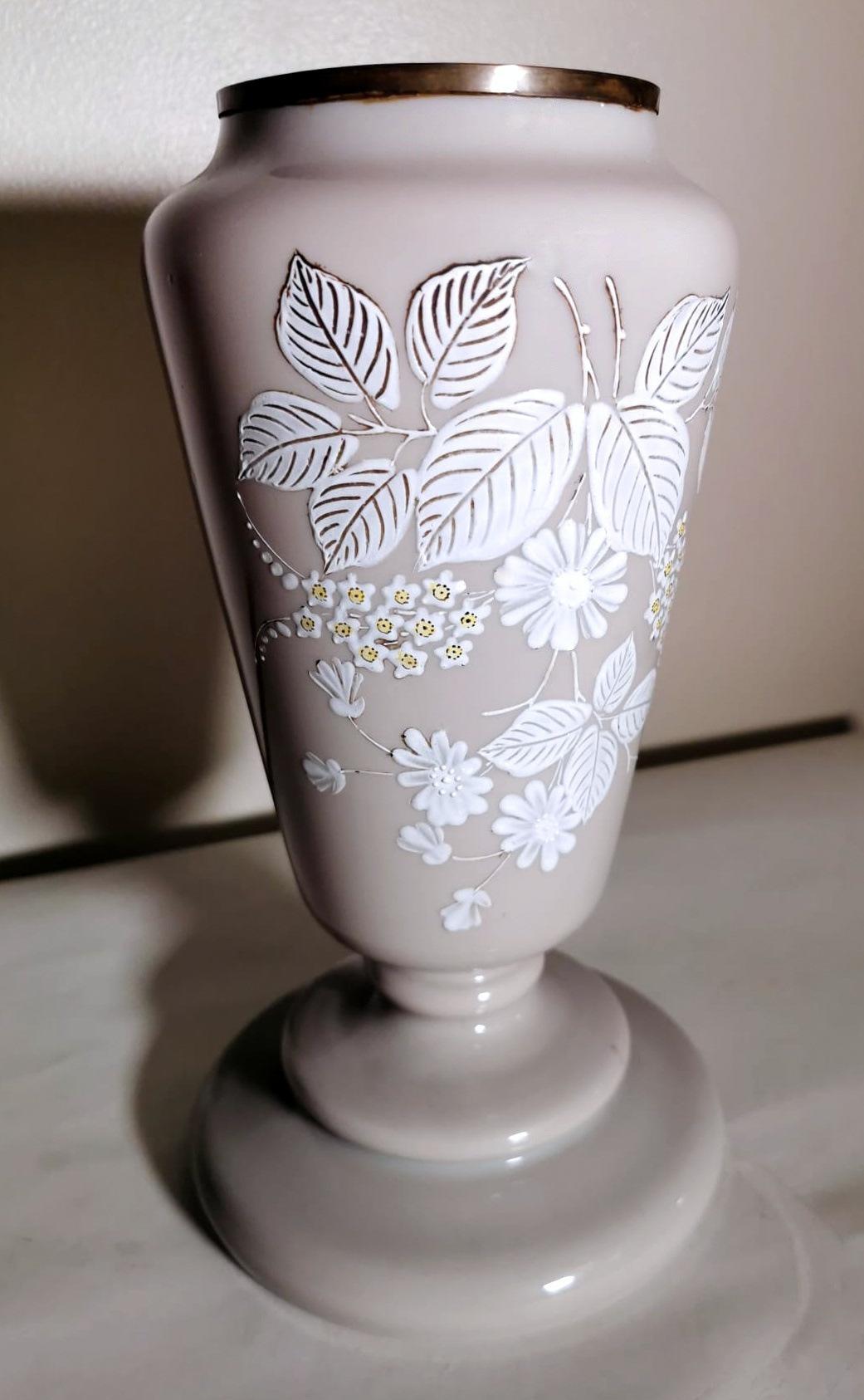 Hand-Painted Liberty Style French Vase Grey Opaline Glass and Hand Painted Flowers in Relief