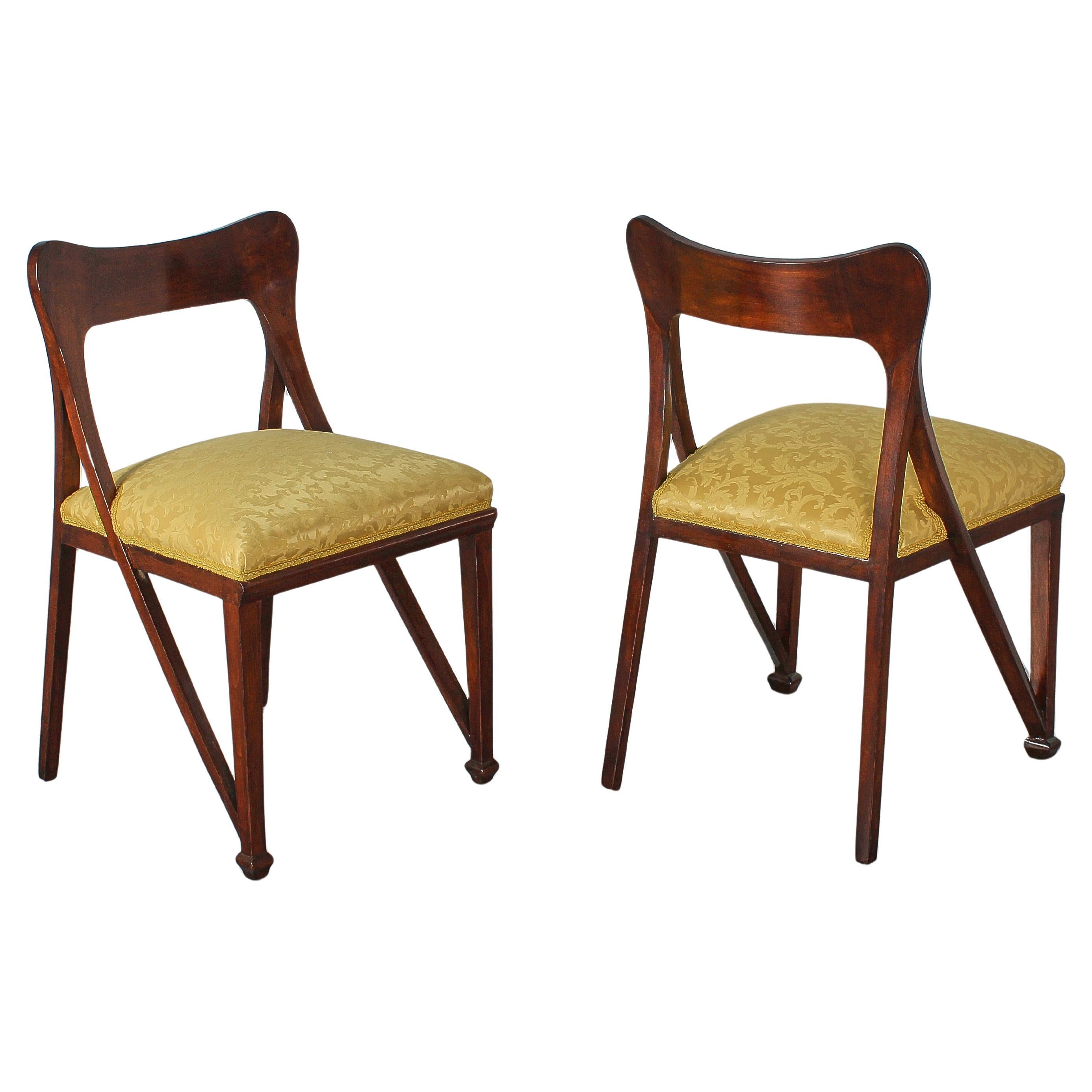 Liberty Style V. Ducrot Shaped Wood and Yellow Fabric set of 2 Chair, 20s Italy For Sale