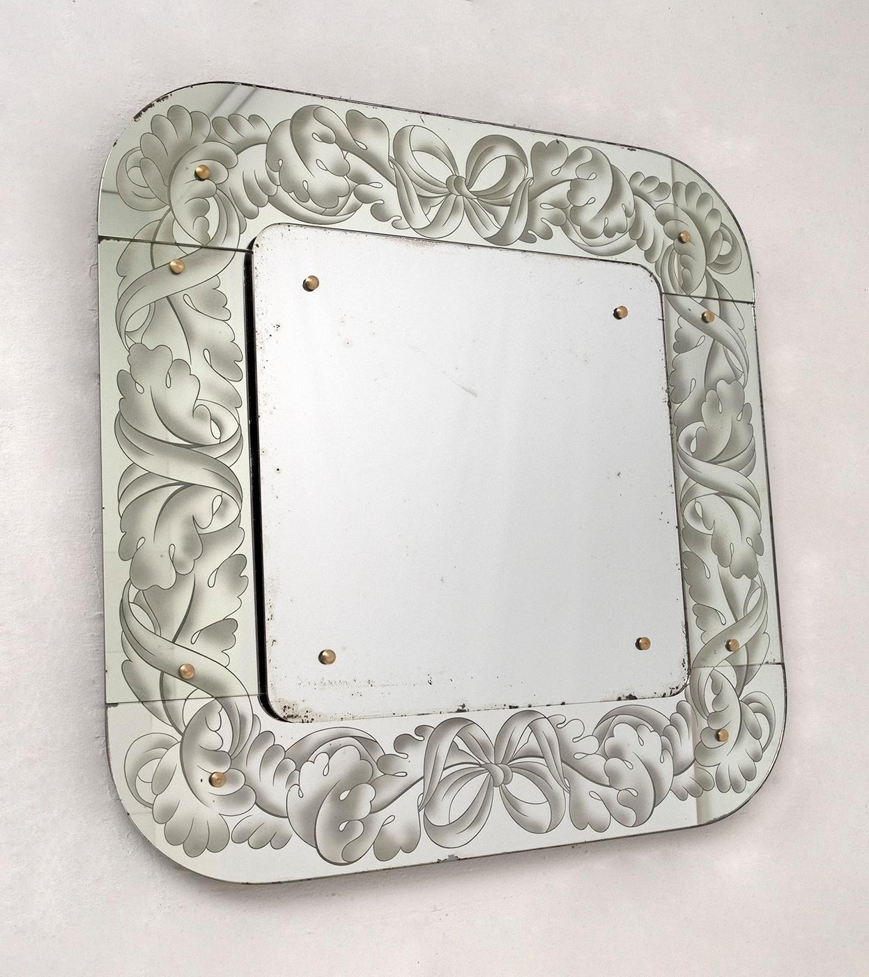 Art Nouveau Liberty Style Venetian Etched Mirror, 1950s