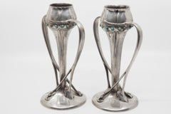 Liberty Tudric Art Nouveau Pewter Vases with Enameled Cabochon Jewels circa 1920