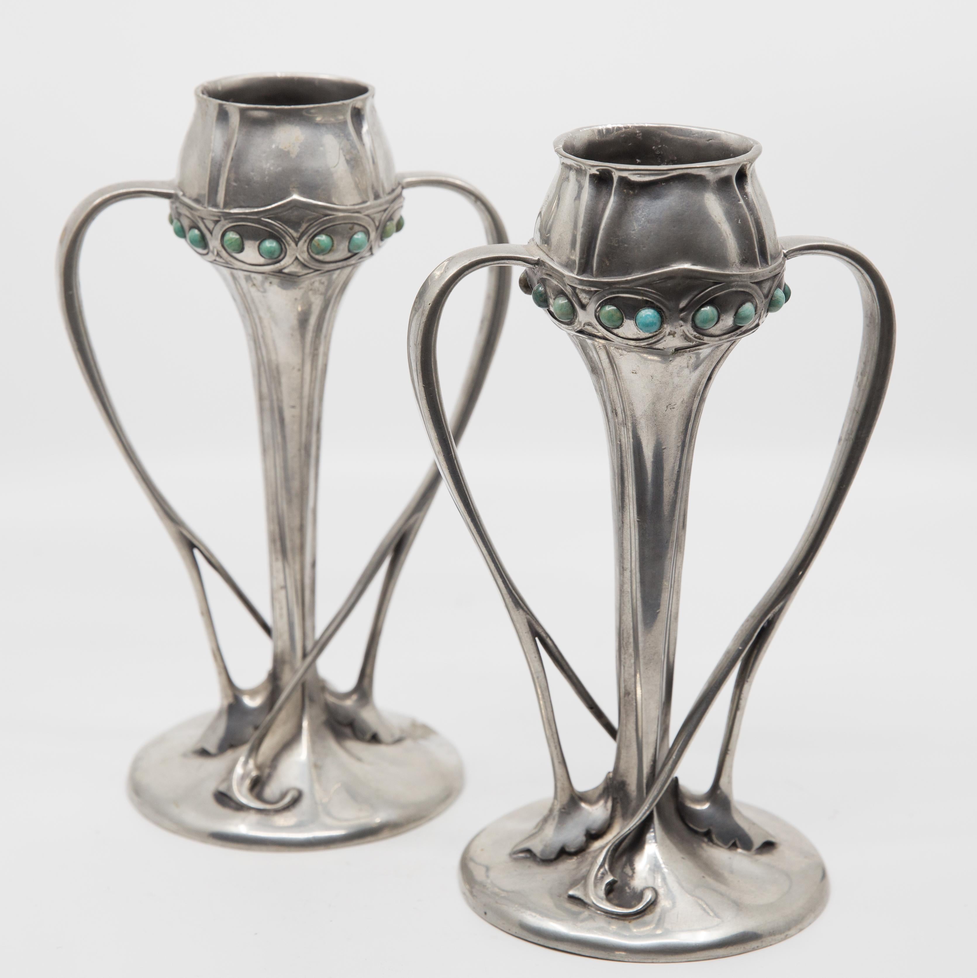 British Liberty Tudric Art Nouveau Pewter Vases with Enameled Cabochon Jewels circa 1920