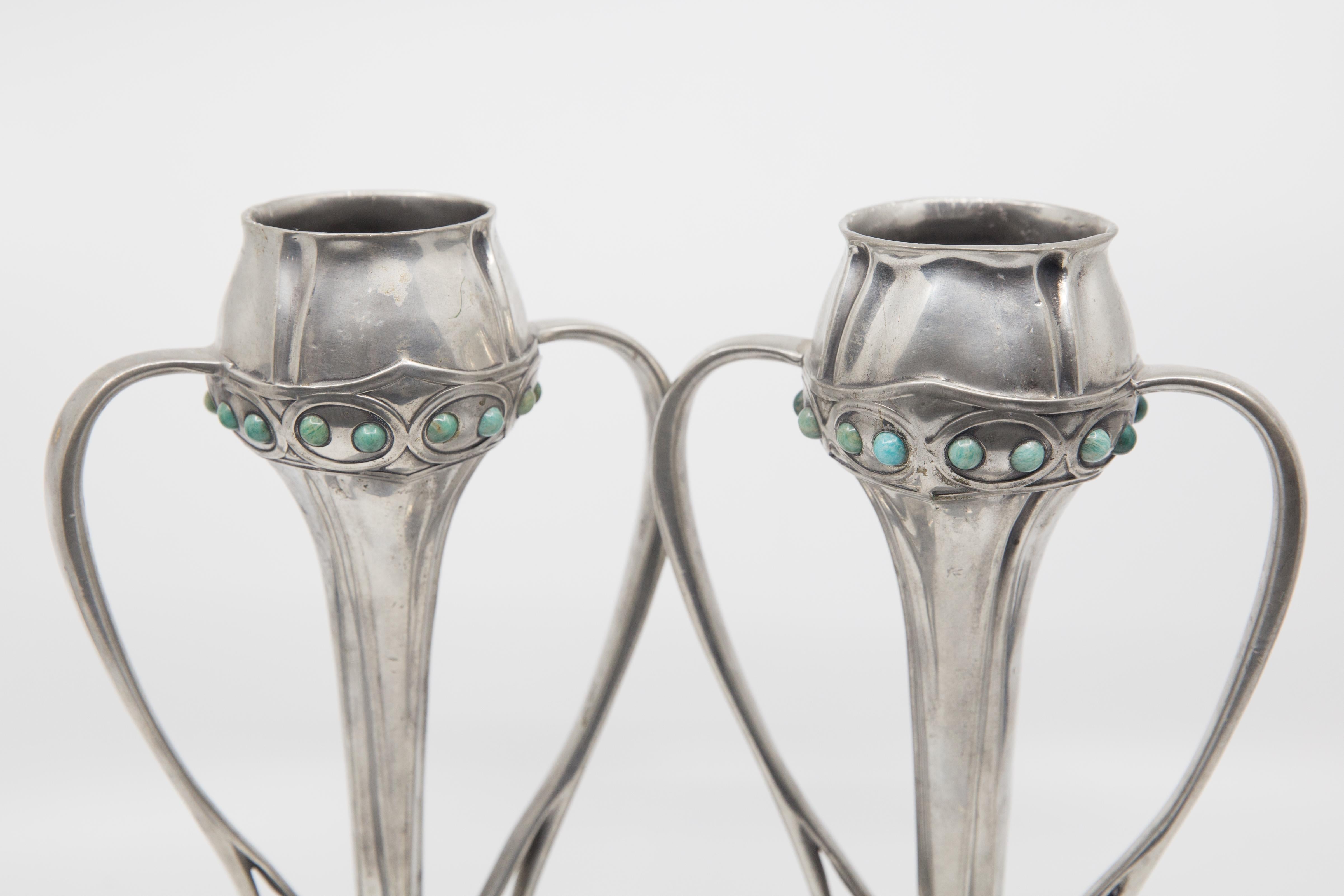 Liberty Tudric Art Nouveau Pewter Vases with Enameled Cabochon Jewels circa 1920 In Good Condition In Hudson, NY