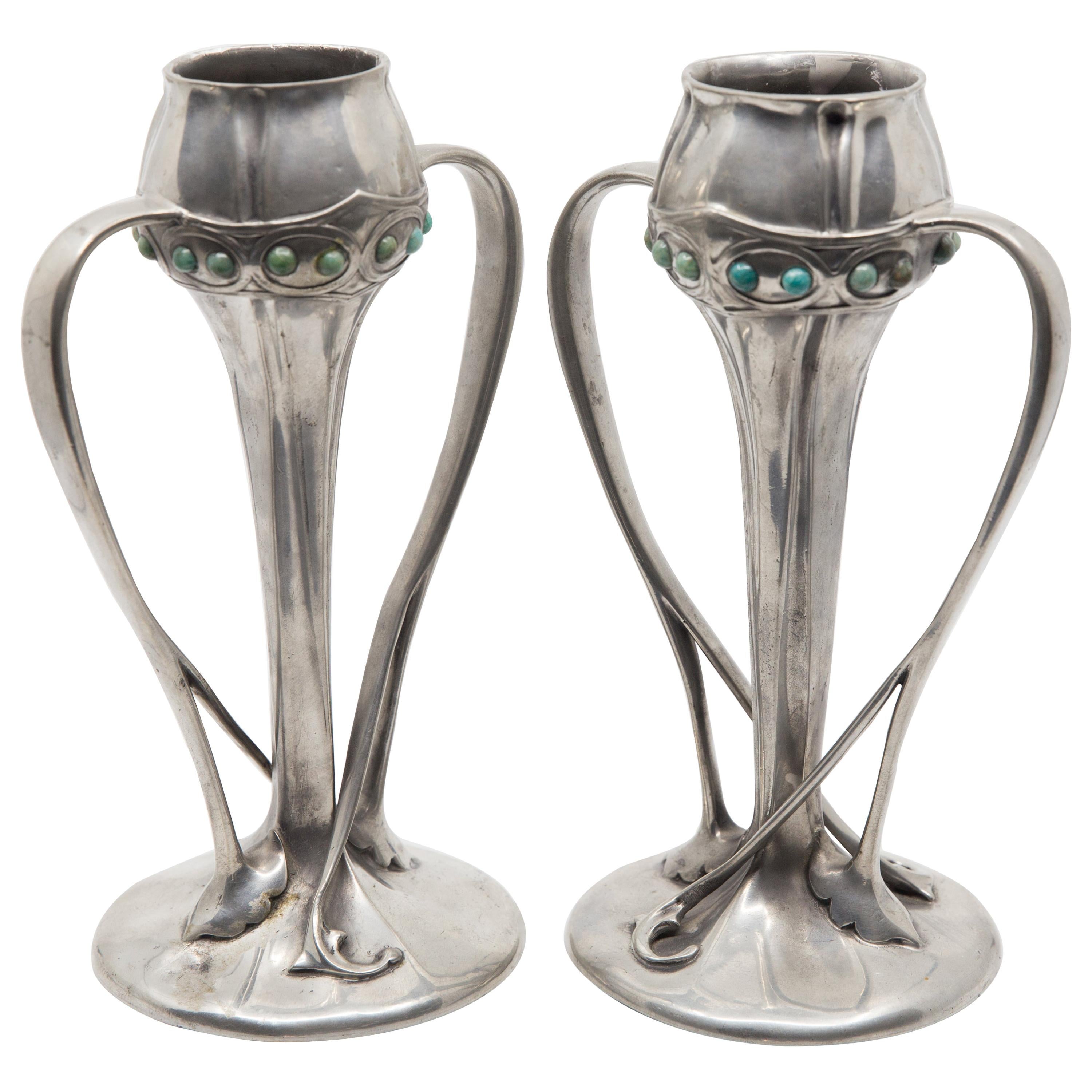 Liberty Tudric Art Nouveau Pewter Vases with Enameled Cabochon Jewels circa 1920