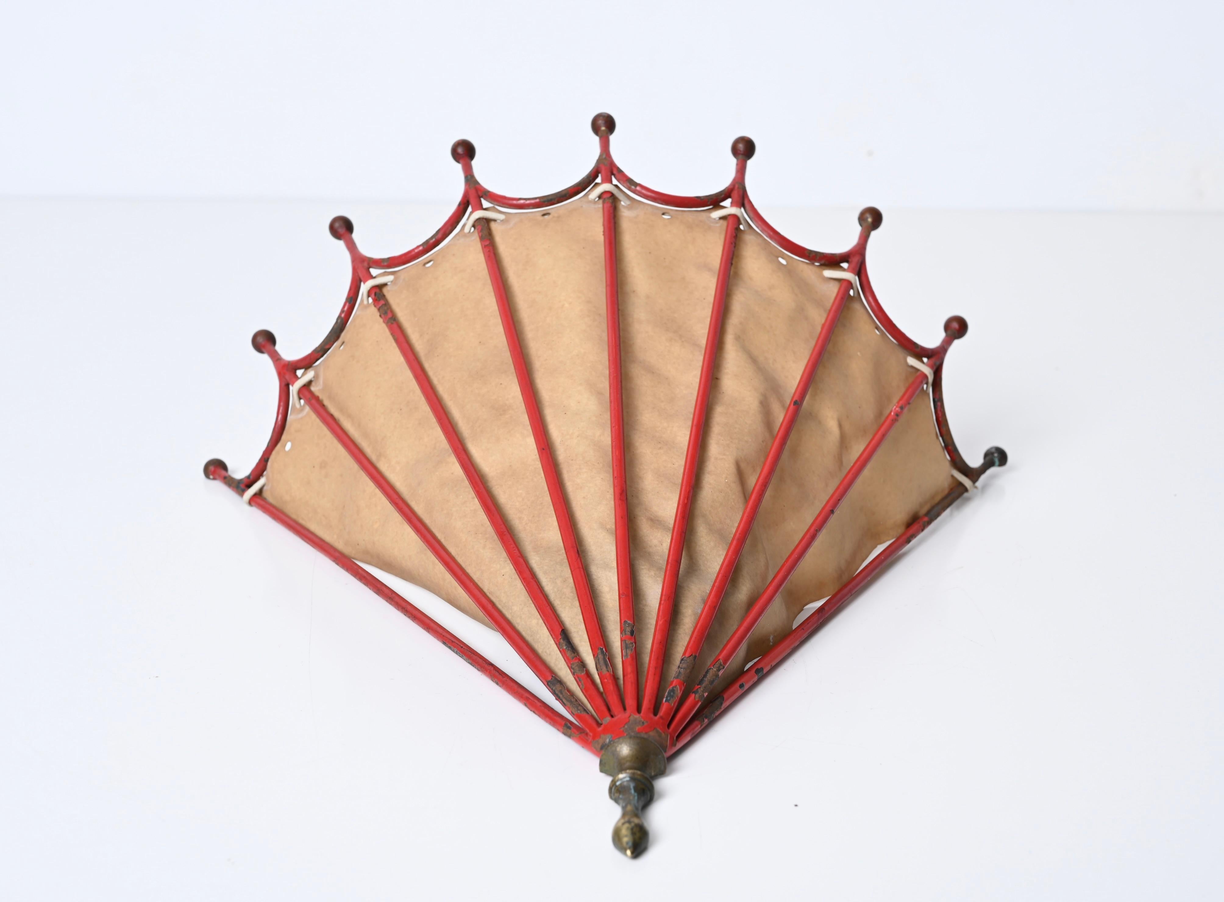 Liberty Umbrella-Shaped Sconce in Iron, Brass and Parchment, Italy 1920s 5