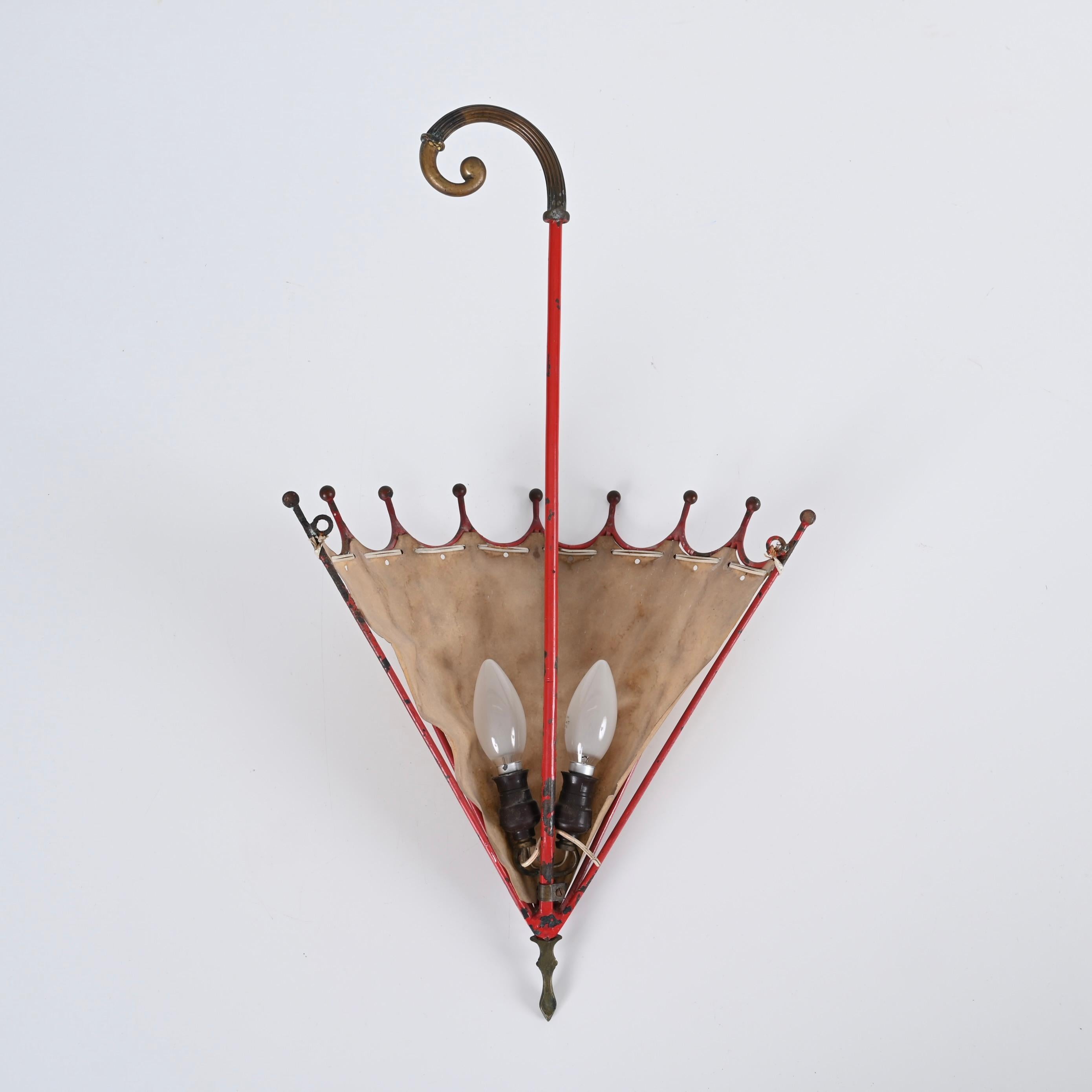 Liberty Umbrella-Shaped Sconce in Iron, Brass and Parchment, Italy 1920s In Good Condition In Roma, IT