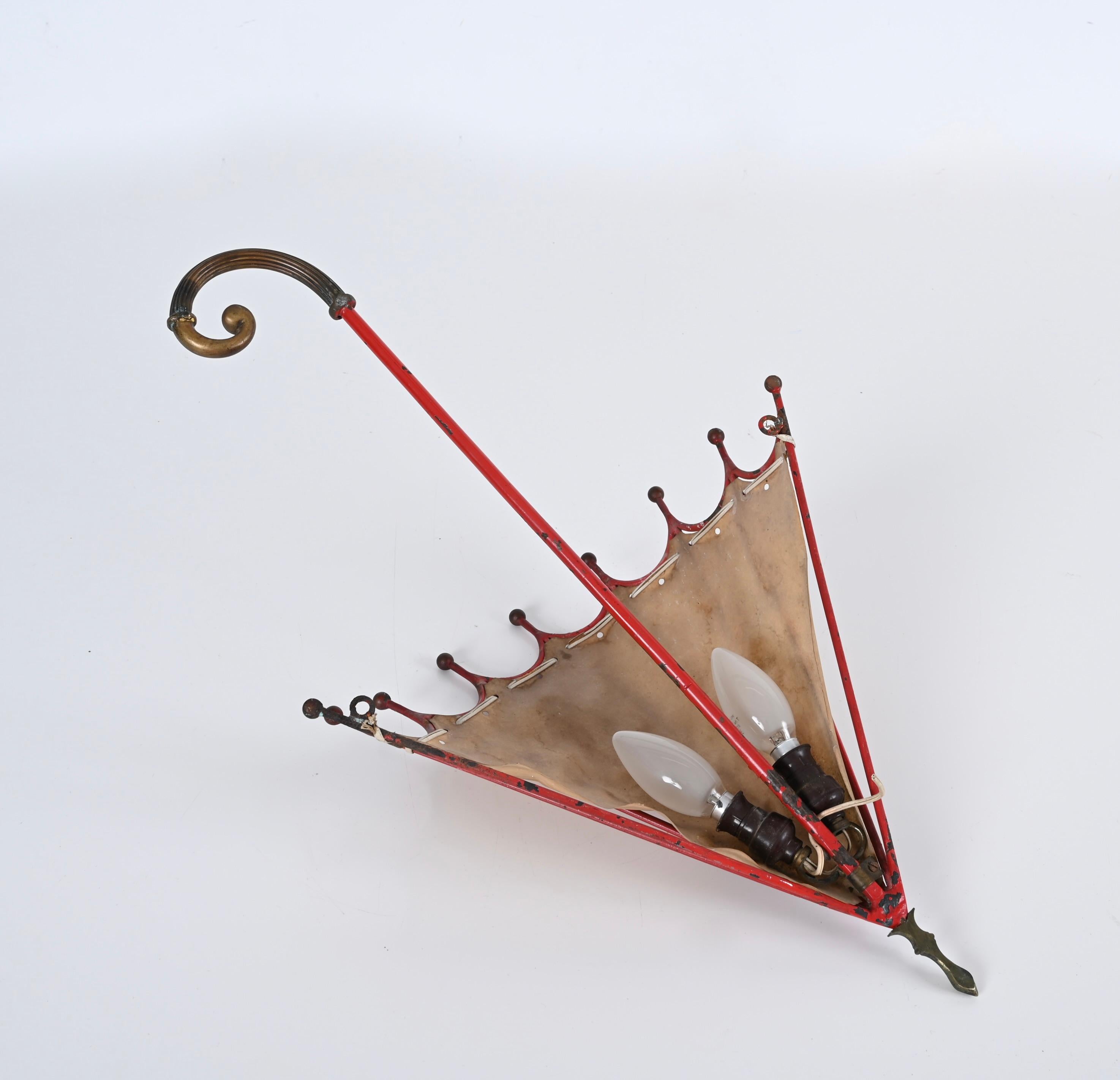 Early 17th Century Liberty Umbrella-Shaped Sconce in Iron, Brass and Parchment, Italy 1920s
