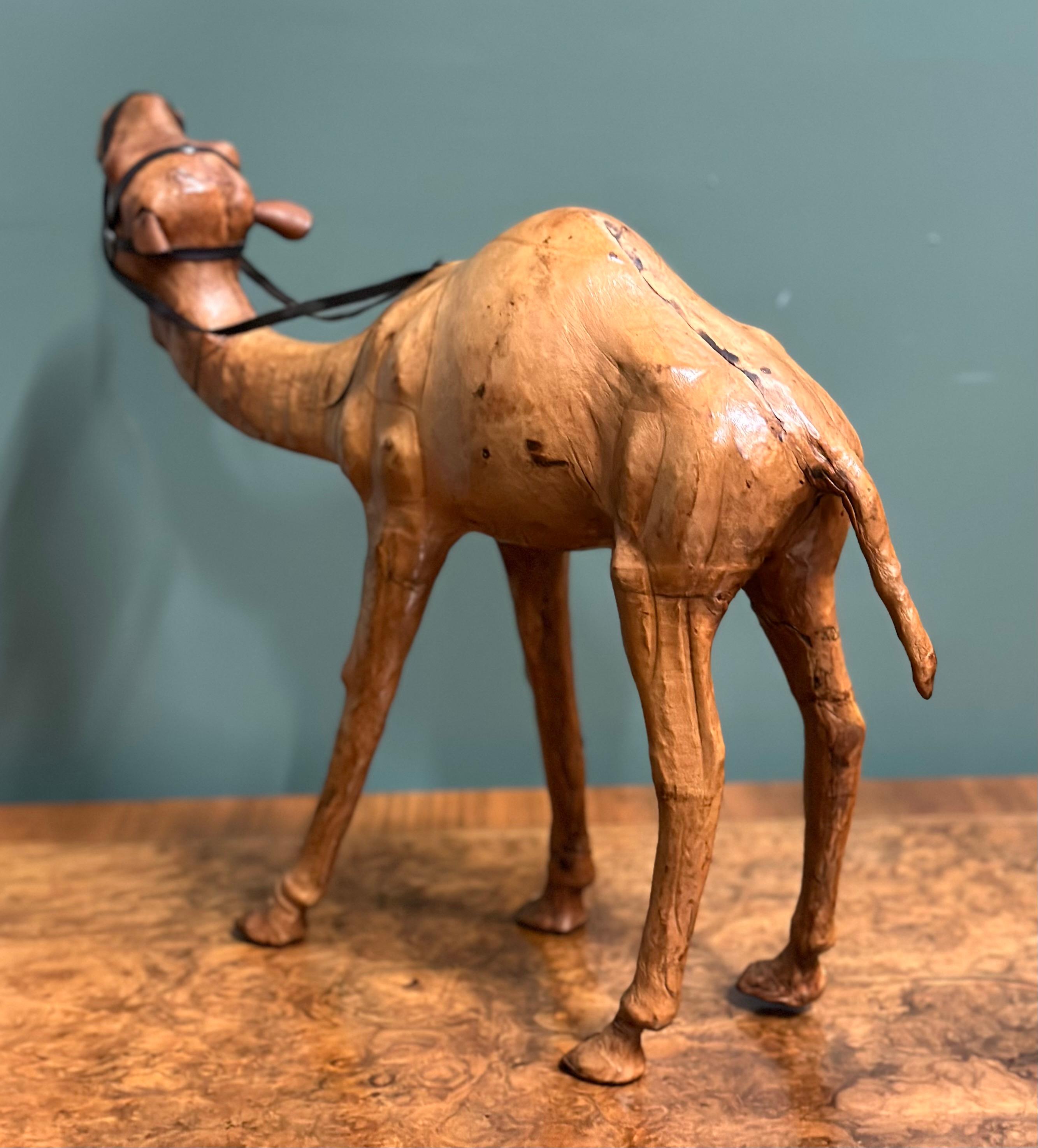 Liberty's London Camel Sculpture with Lovely Aged Leather on Hand Carved Wood In Good Condition For Sale In Pulborough, GB