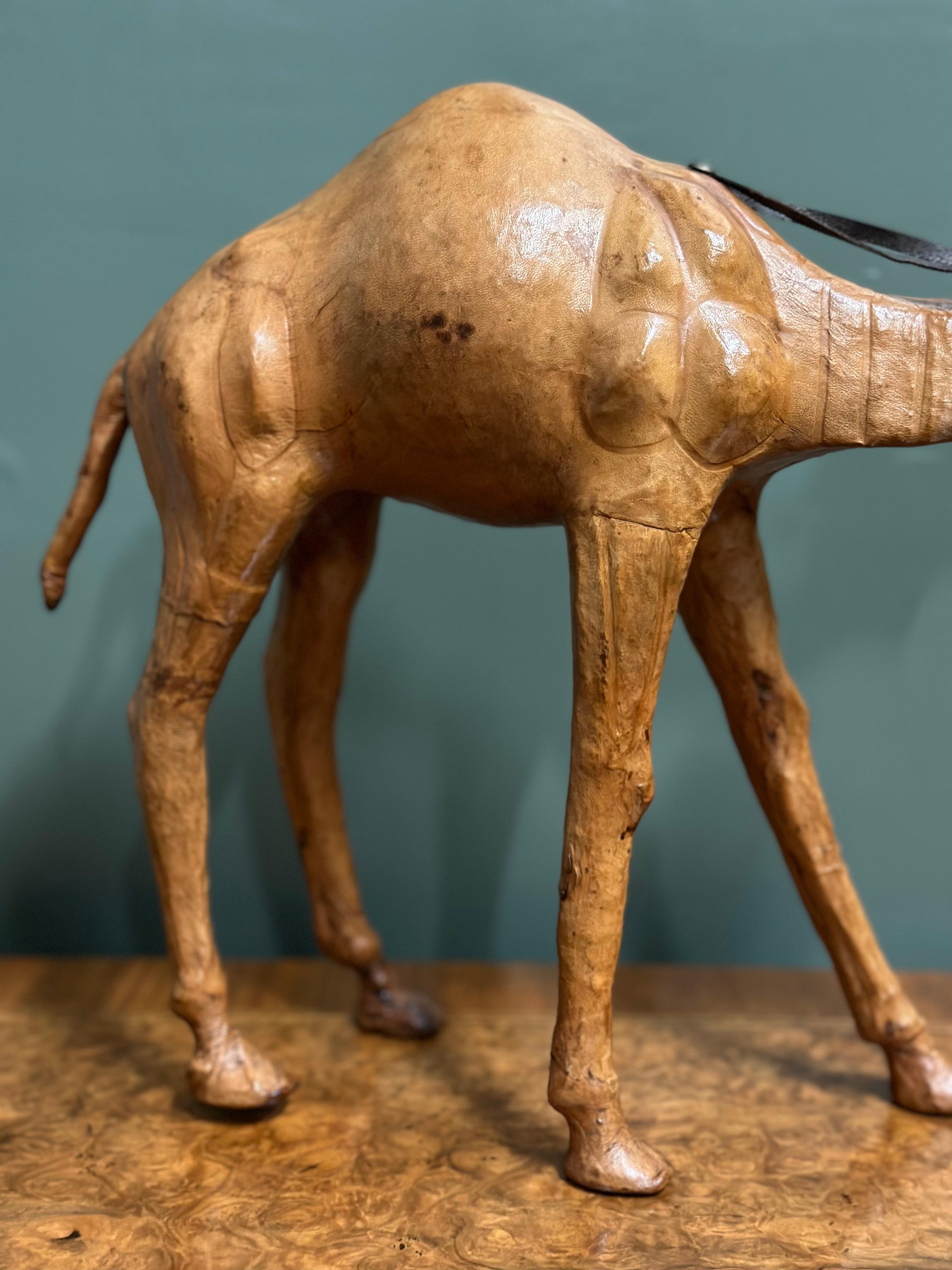 Liberty's London Camel Sculpture with Lovely Aged Leather on Hand Carved Wood For Sale 1