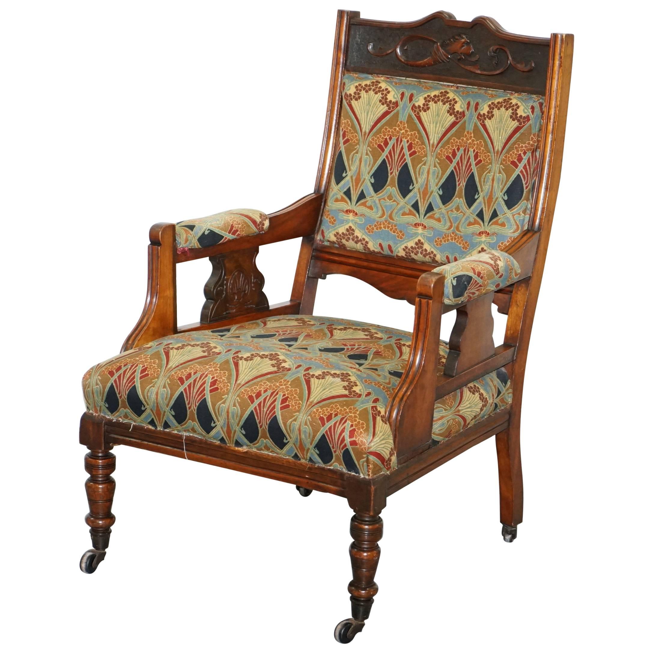 Libertys London Ianthe Upholstery Victorian Walnut Library Reading Armchair Lion