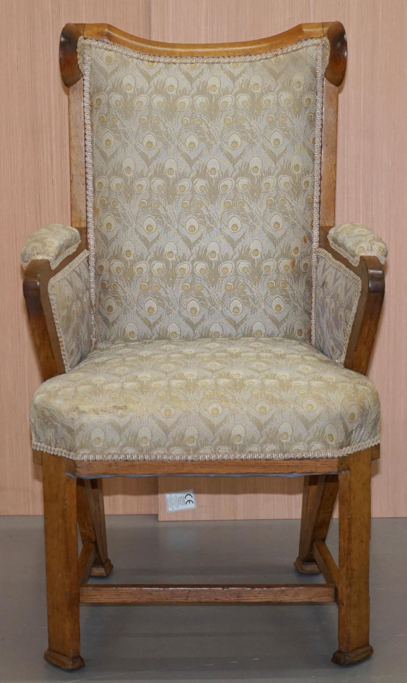 We are delighted to offer for sale this lovely hand made solid oak late Victorian wingback armchair upholstered with Liberty’s London Mermaid Hera Linen Union peacock upholstery

A very good looking and well made piece, the lines when viewed from