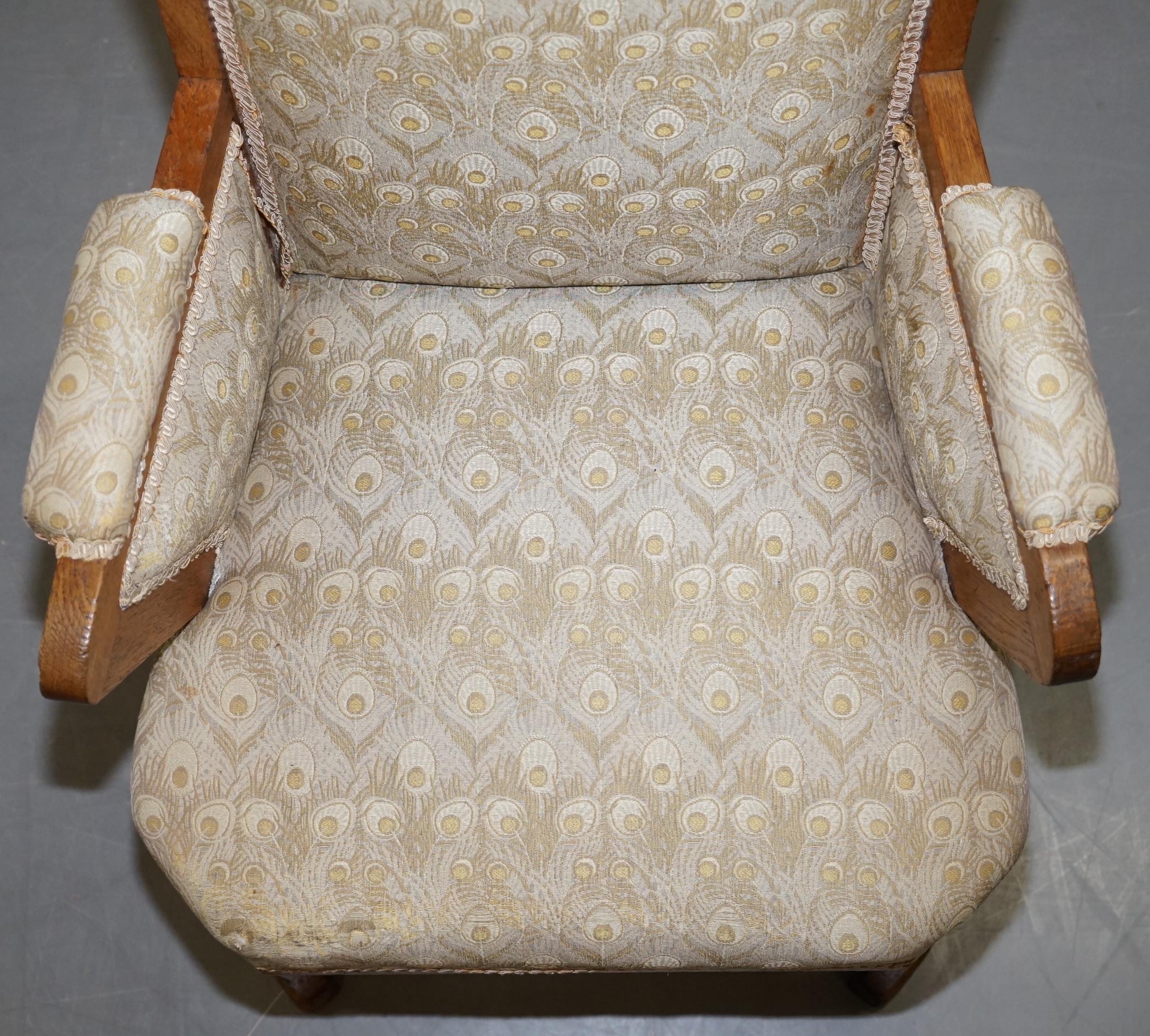 Hand-Crafted Liberty's London Peacock Fabric Upholstered Victorian Carved Wingback Armchair