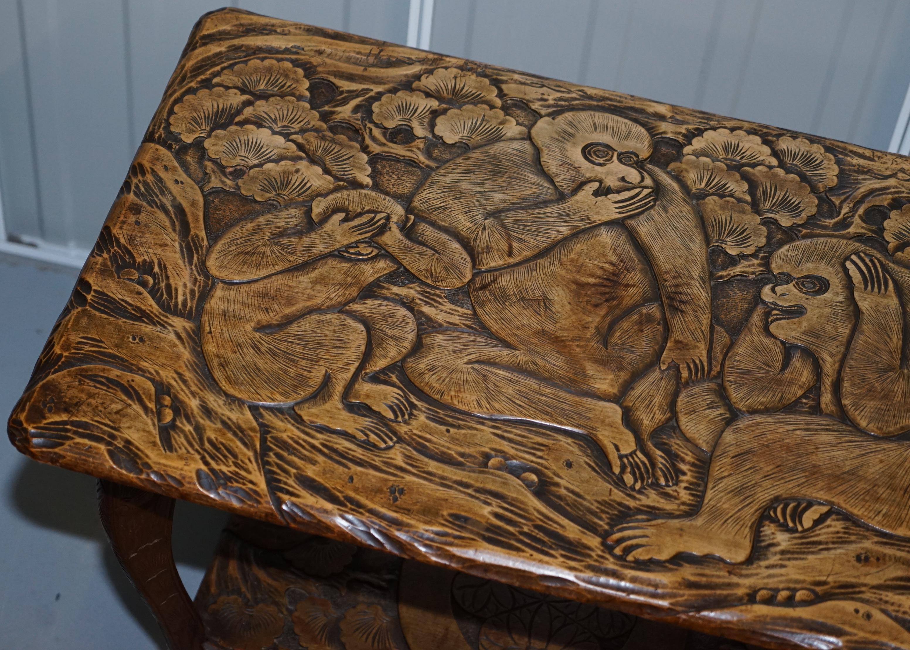 Edwardian Liberty's London Three Monkey Hear See Speak No Evil Carved Coffee Side Table For Sale