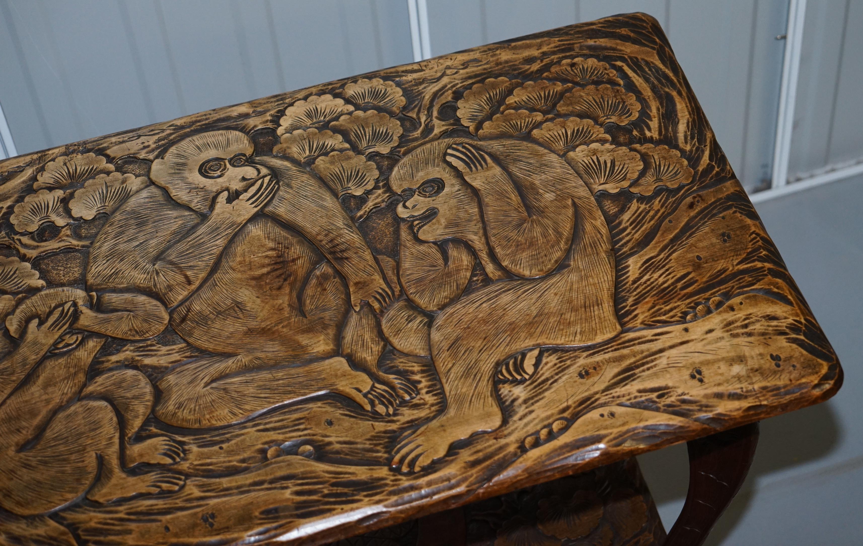 English Liberty's London Three Monkey Hear See Speak No Evil Carved Coffee Side Table For Sale