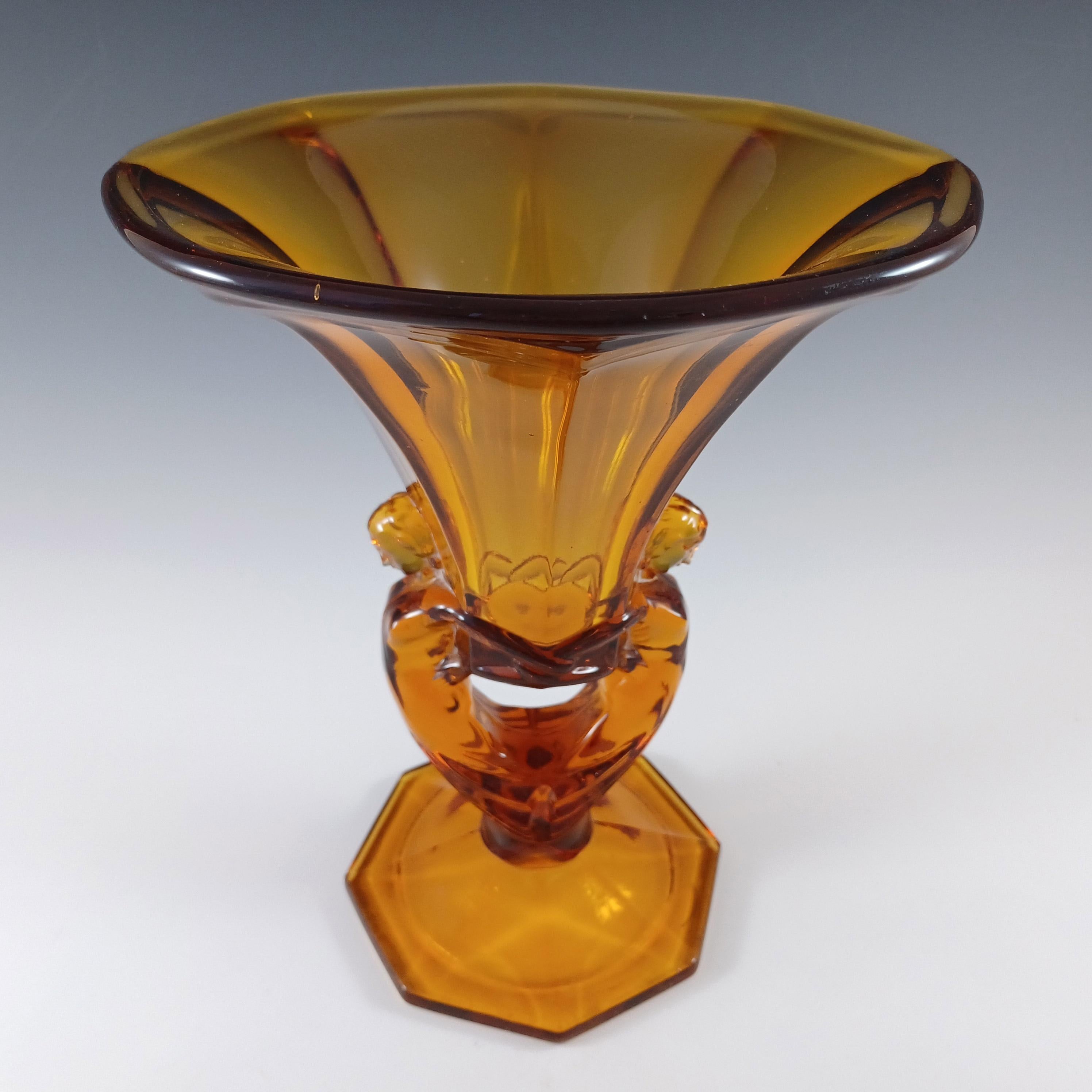 Art Déco Vaso di vetro ambrato Libochovice Czech Art Deco 1930 Lady / Ladies in vendita