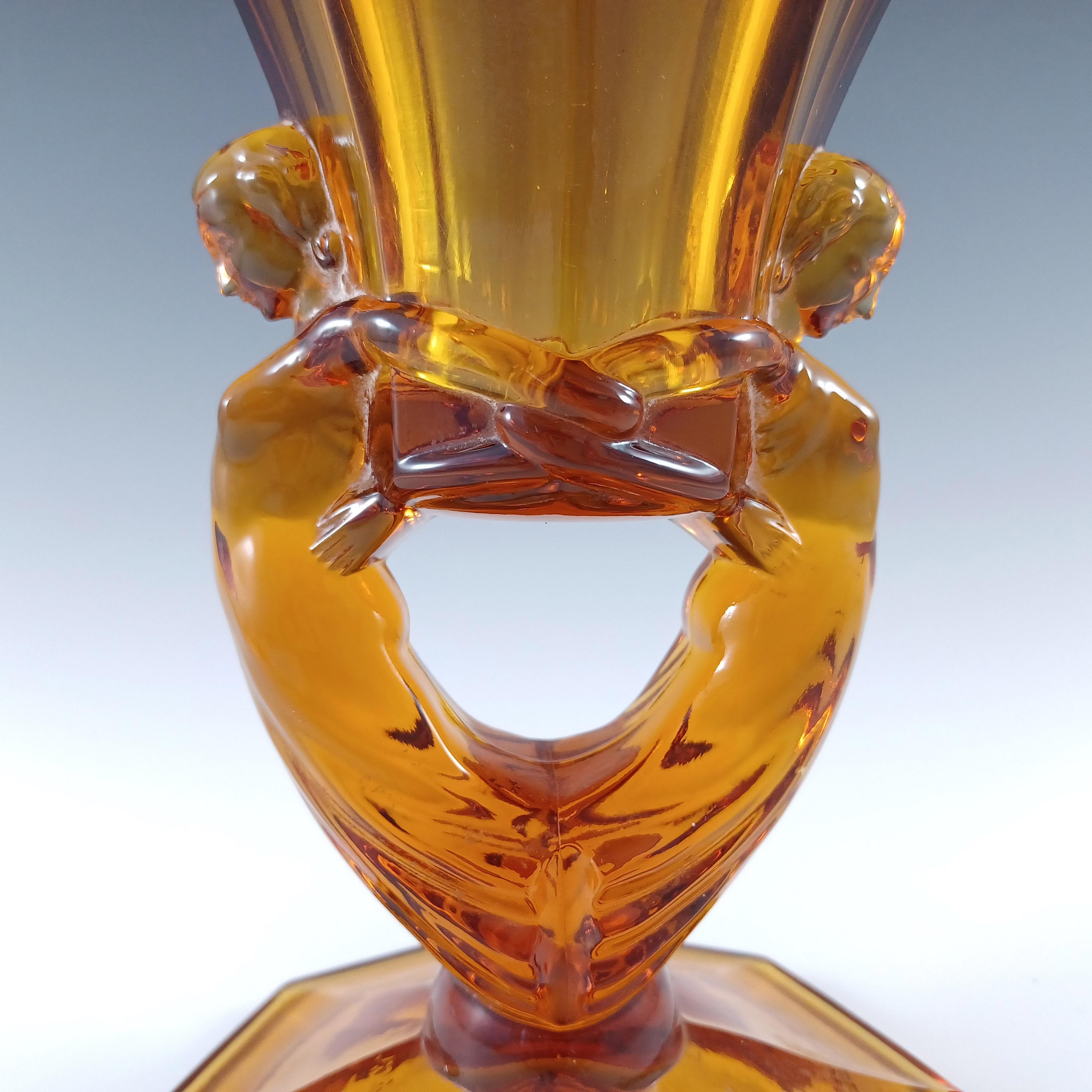 Pressato Vaso di vetro ambrato Libochovice Czech Art Deco 1930 Lady / Ladies in vendita