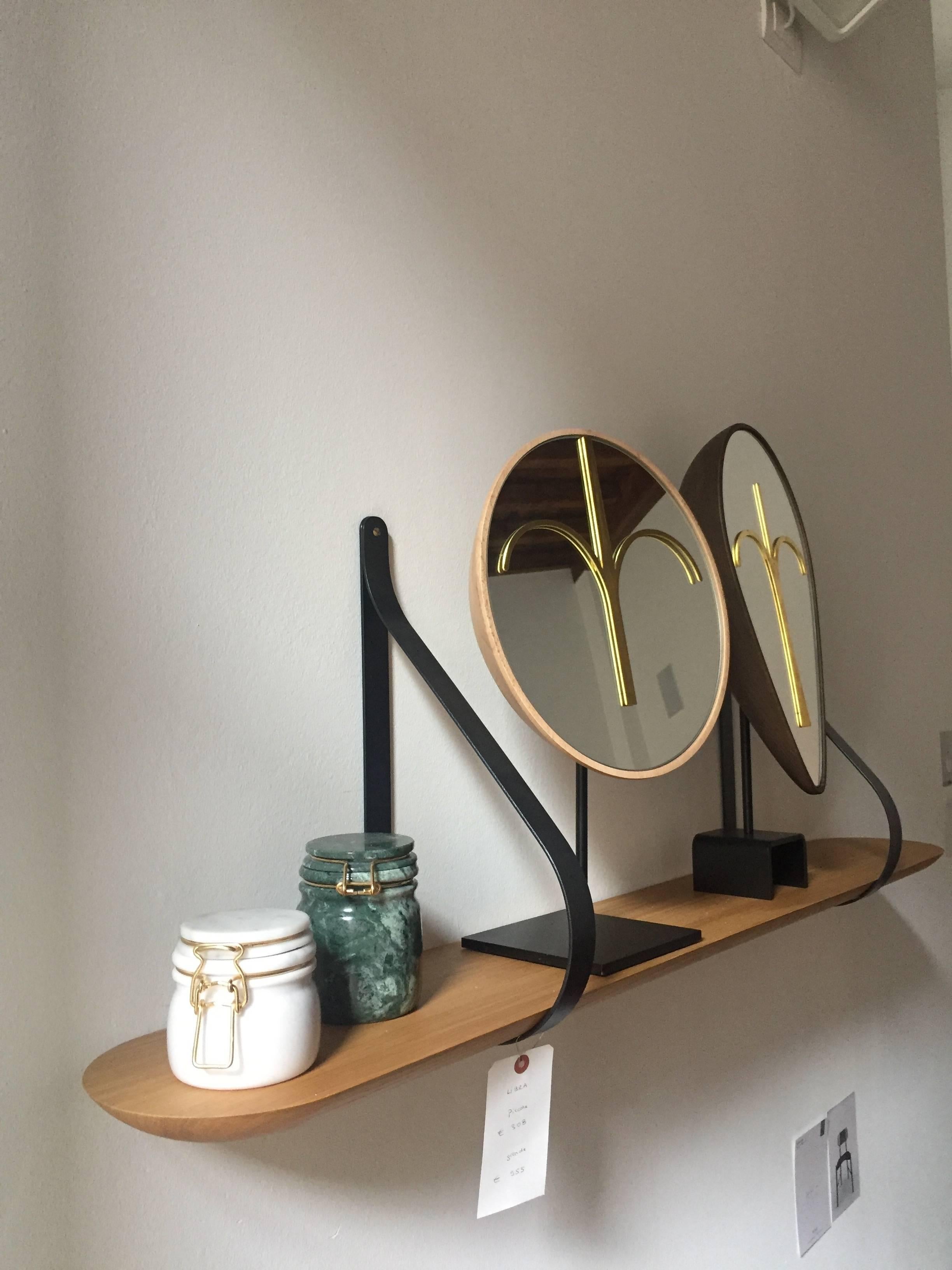 Italian Libra Shelf, Minimalist Round Shaped Wall Shelf in oak and black metal stirrup, 