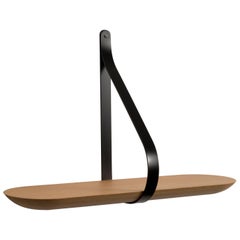 Libra Shelf, Minimalist Round Shaped Wall Shelf in oak and black metal stirrup, 