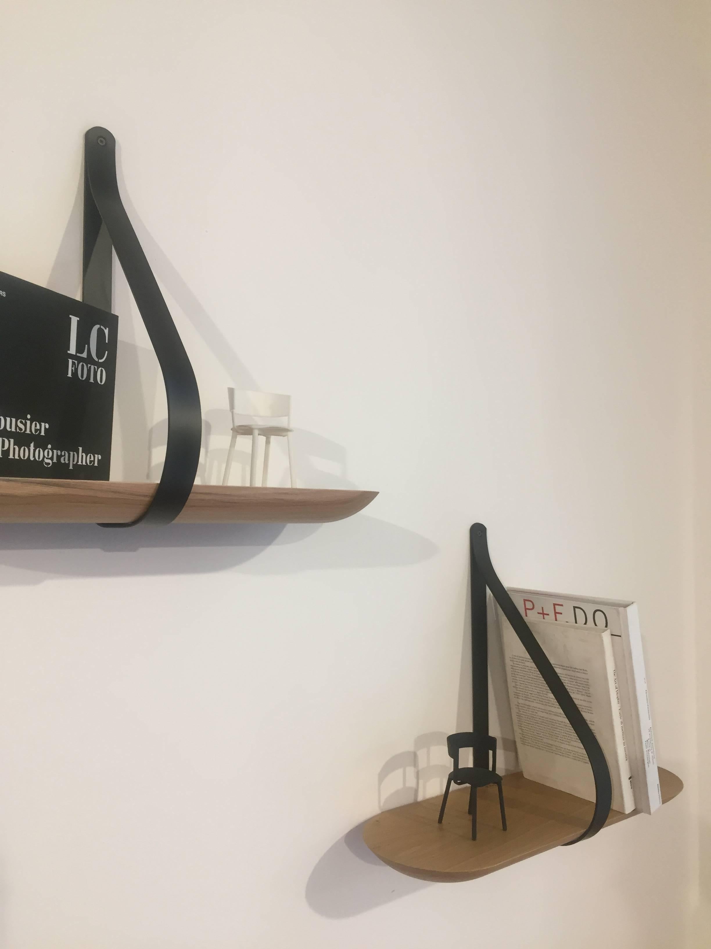 Libra Shelf, Minimalist Wall Shelf in Solid Oak and Black Metal Stirrup 2