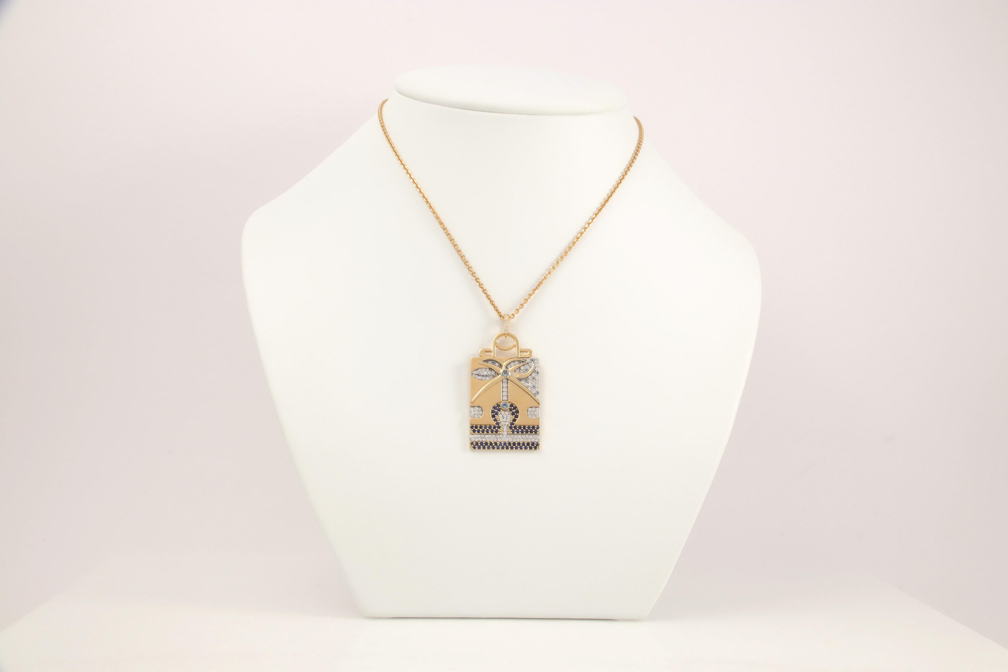 Libra Zodiac Pendant 18k Yellow Gold with Diamonds, Blue Sapphires & Aquamarines For Sale 4