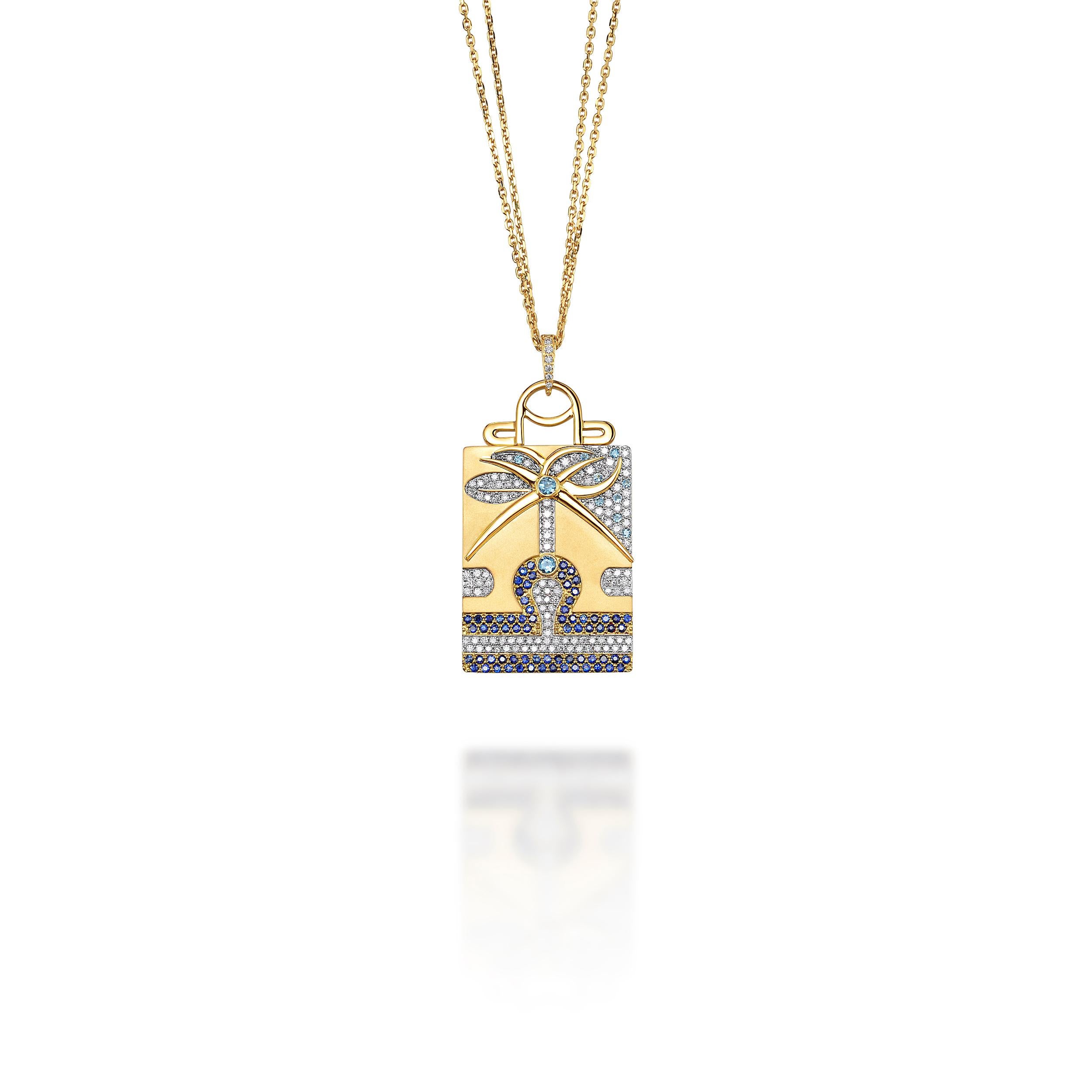 Contemporary Libra Zodiac Pendant 18k Yellow Gold with Diamonds, Blue Sapphires & Aquamarines For Sale