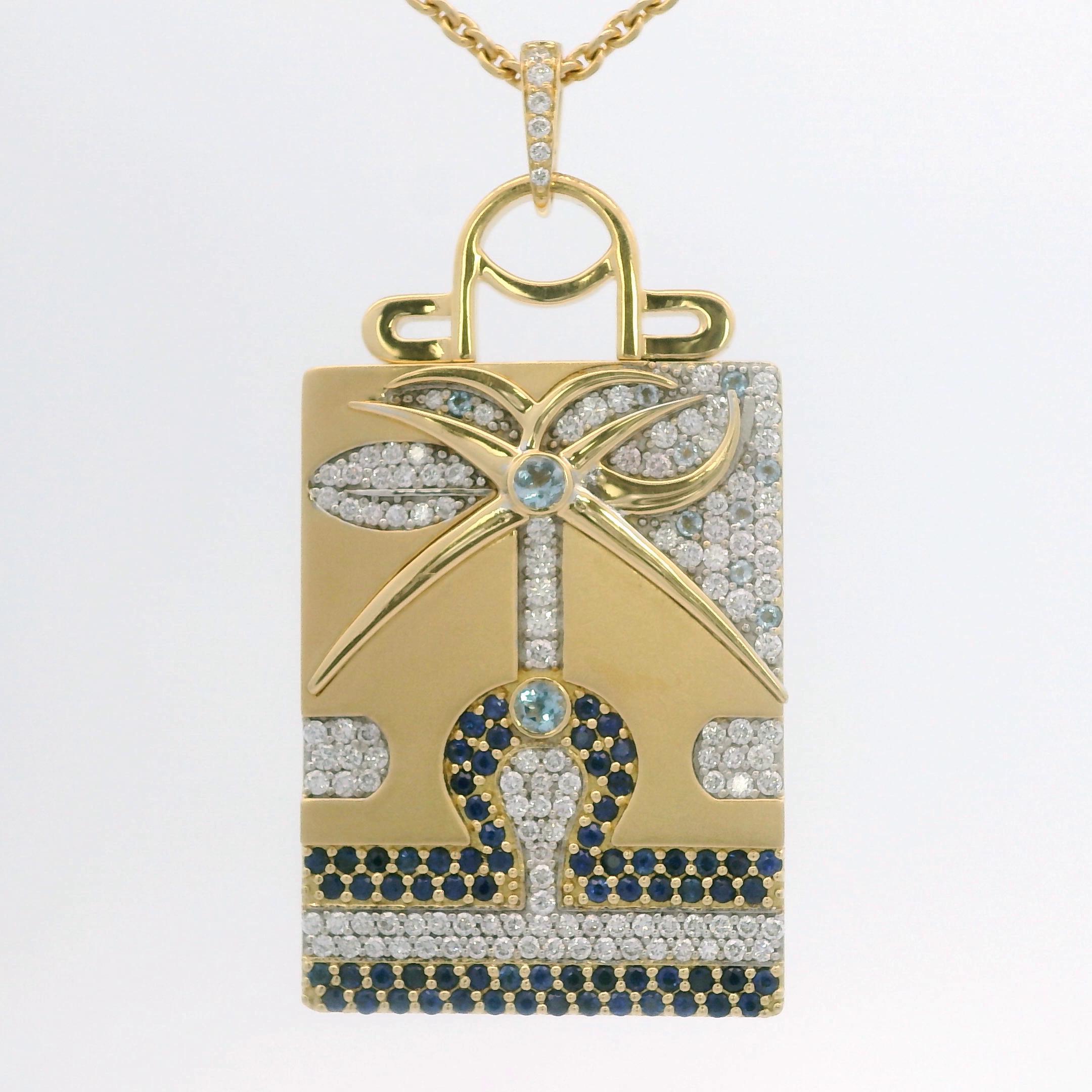 Libra Zodiac Pendant 18k Yellow Gold with Diamonds, Blue Sapphires & Aquamarines In New Condition For Sale In Pforzheim, DE