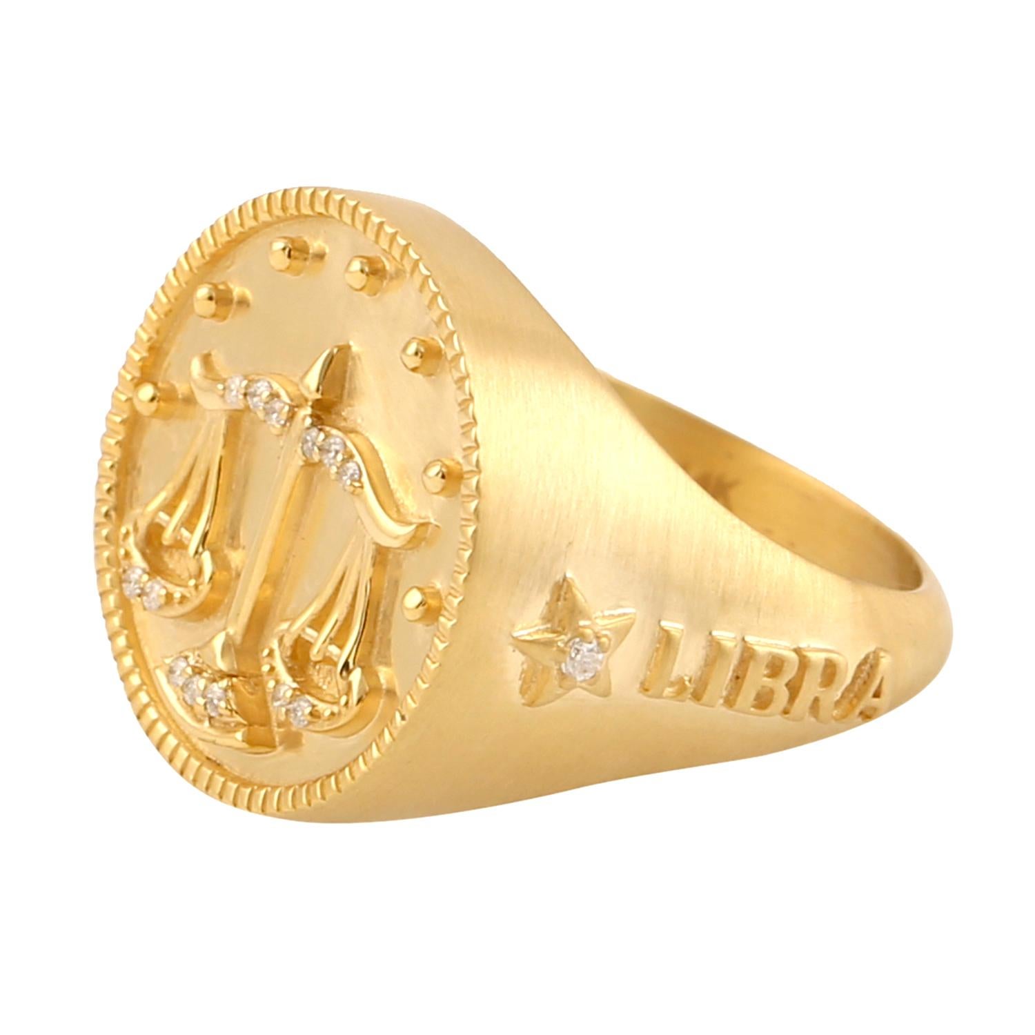 Mixed Cut Libra Zodiac Ring With Pave Diamonds Made in 14k Yellow Gold For Sale