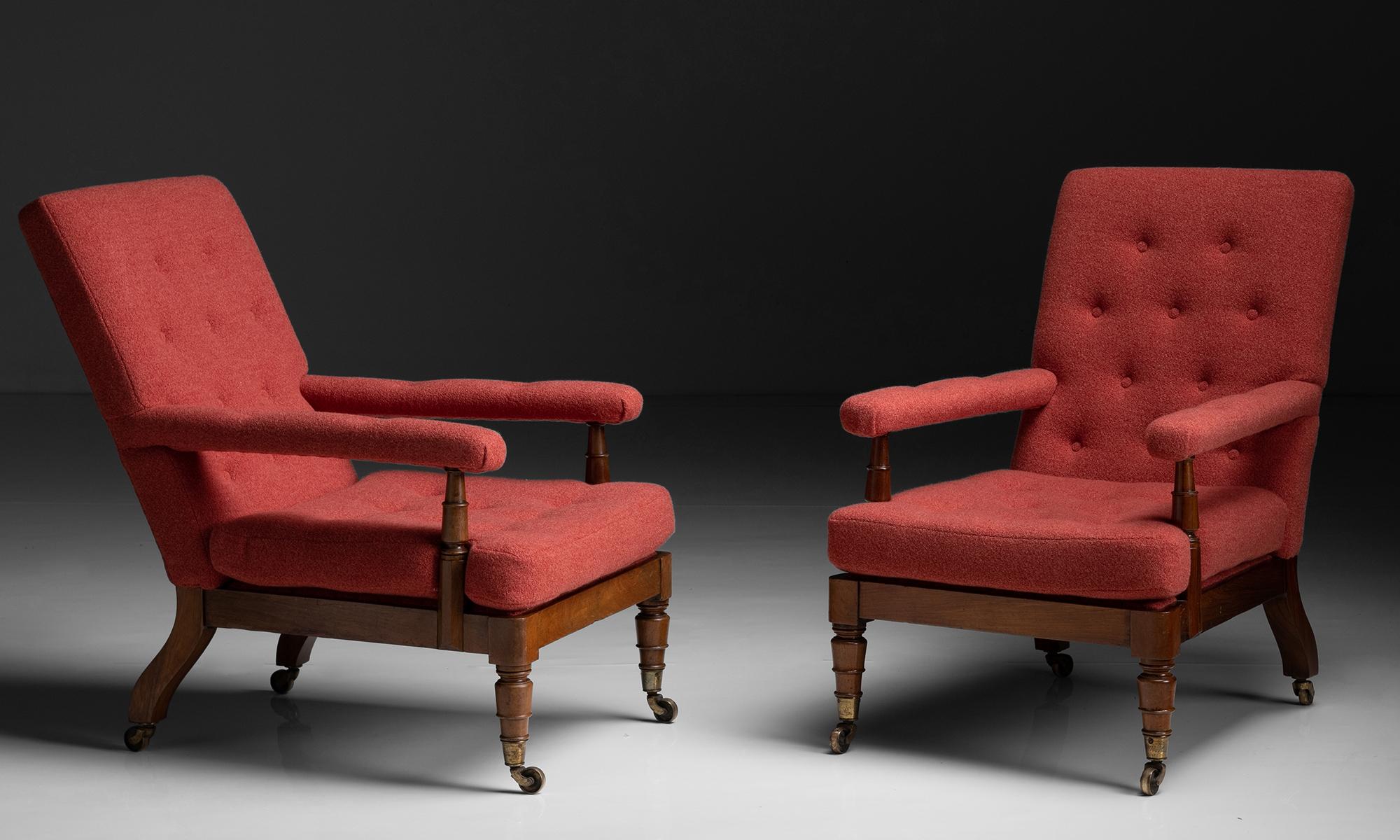 Library Armchairs in Textured Wool by Holland & Sherry

England circa 1890

Elegant library chairs on original castors, newly upholstered.

23.5”h x 27”d x 34.5”h x 16”seat.