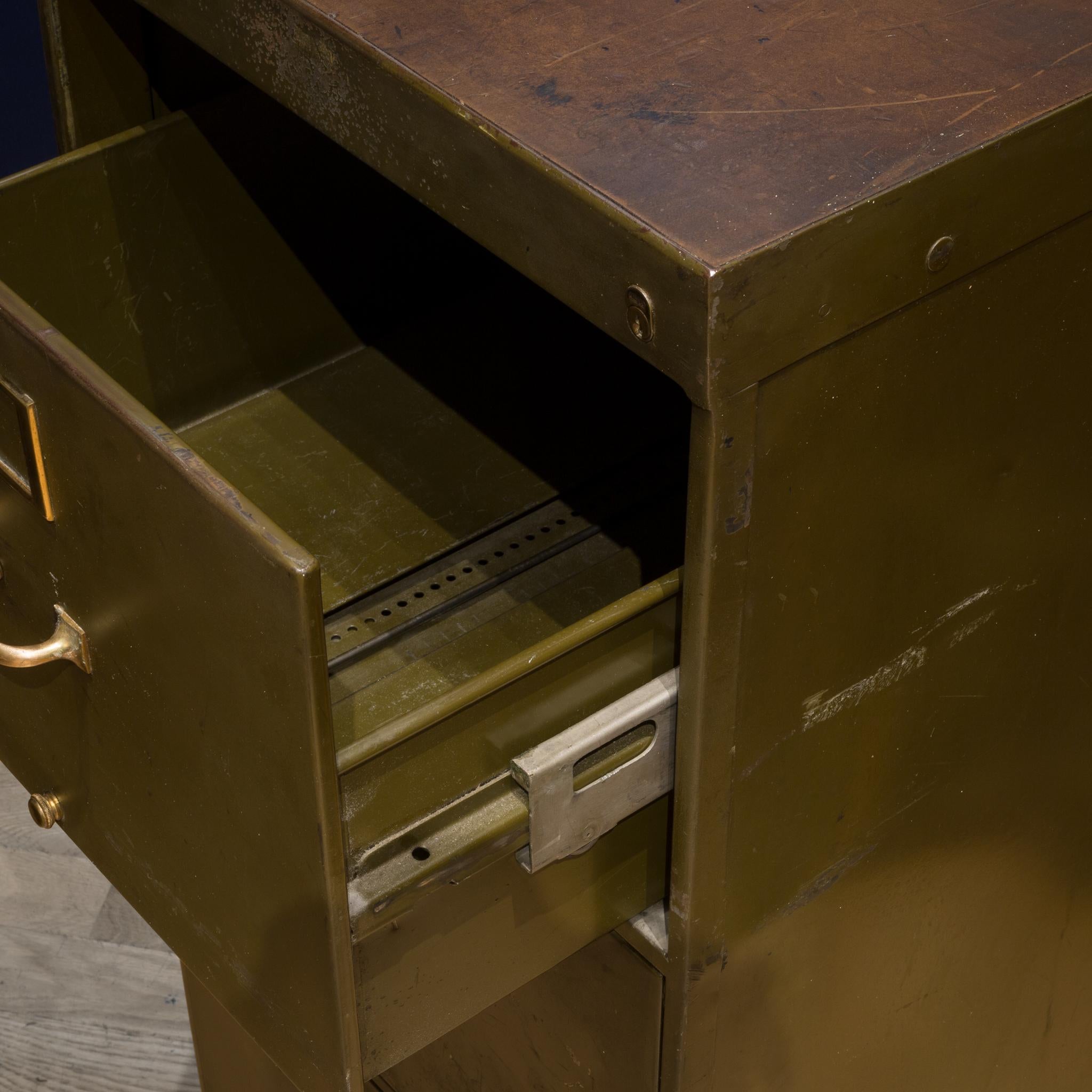Metal Library Bureau Sole Makers Army Green Steel and Brass File Cabinet, circa 1940