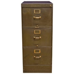 Antique Library Bureau Sole Makers Army Green Steel and Brass File Cabinet, circa 1940