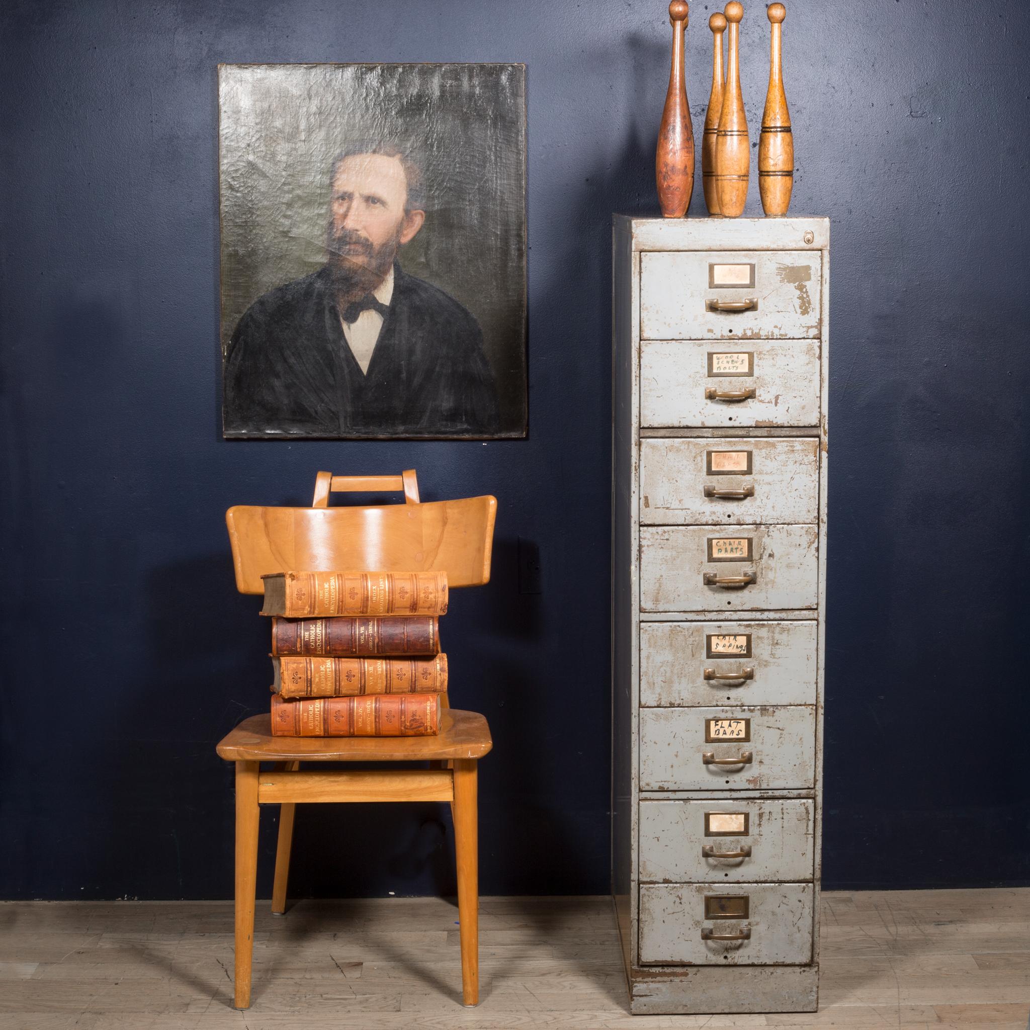 About

A very solidly built 8-drawer file cabinet with brass pulls, brass card holders, brass lock and the original label. The drawers glide open smoothly and close properly. This piece is very solidly built and has retained its original finish with