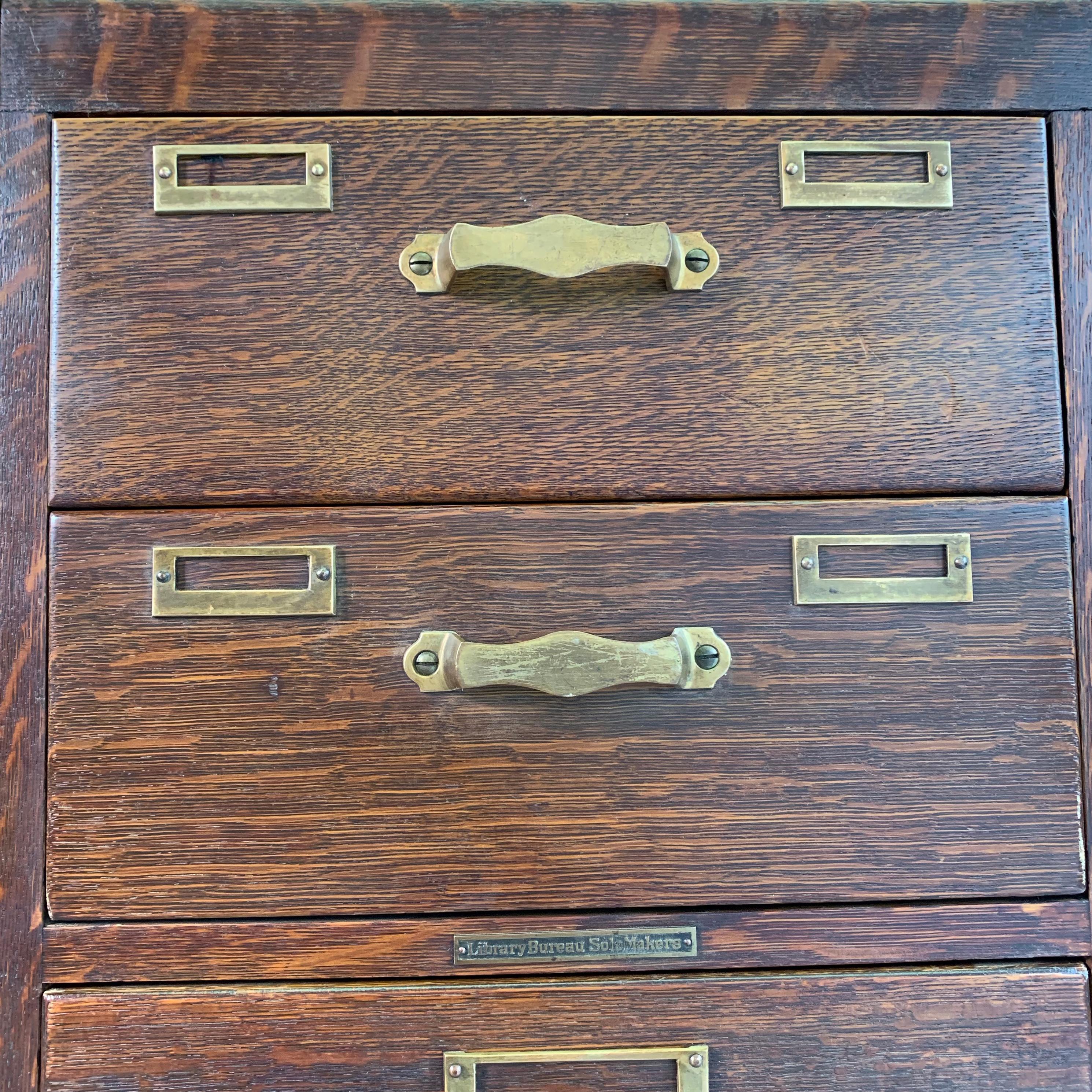 Brass Library Bureau Sole Makers Quarter Sawn Oak Double File Cabinet
