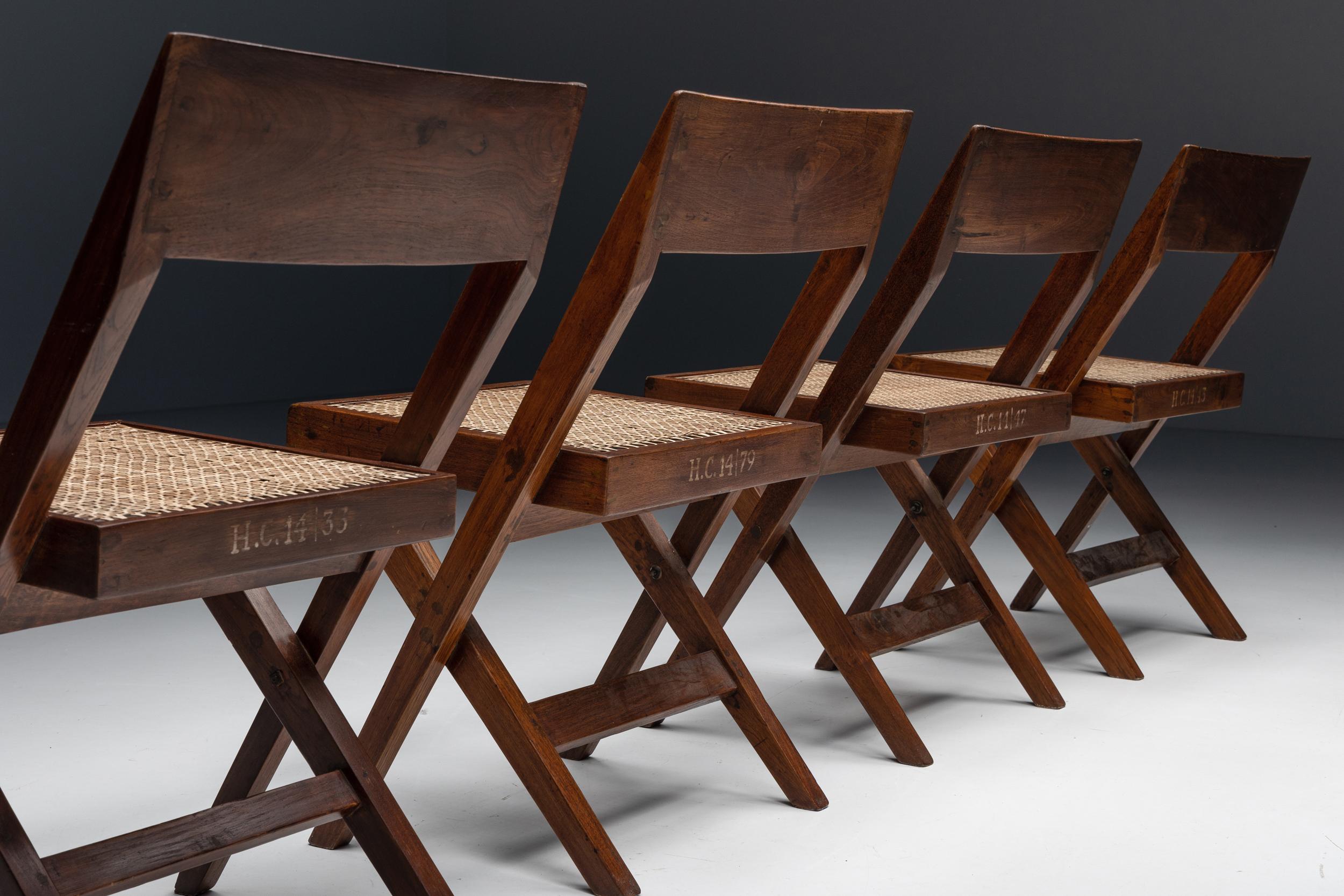 Pierre Jeanneret, library chair, set of four, India, 1952-1965

H.C 14 / 33, 43, 47, 79
Meaning chairs nr 33, 43, 47, 79 for Room 14 of the High Court of Chandigarh
It's a rare feat to have the chairs perfectly identifiable.

Another