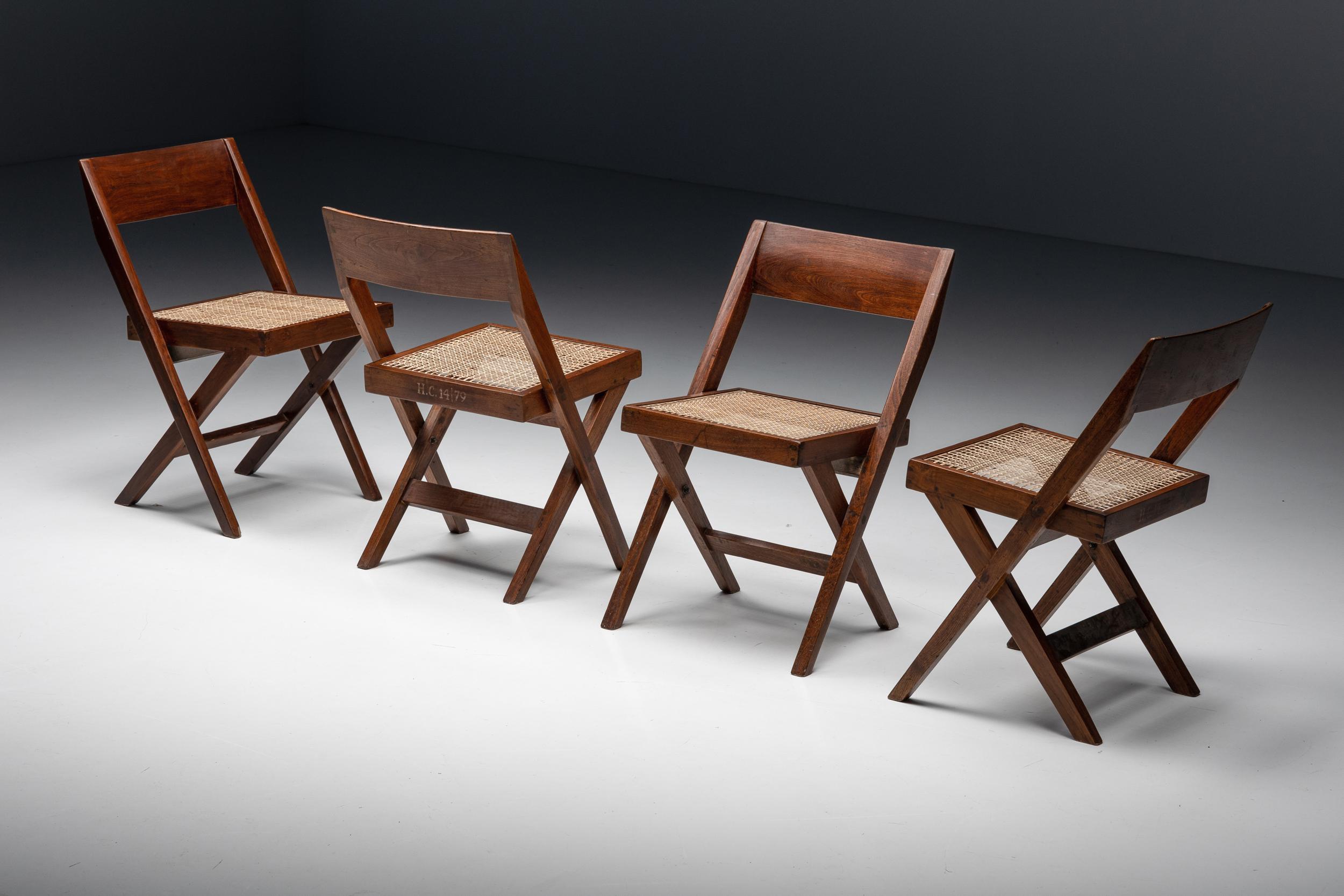 Pierre Jeanneret, library chair, set of four, India, 1952-1965

Measures: H.C 14 / 33, 43, 47, 79
Meaning chairs nr 33, 43, 47, 79 for Room 14 of the High Court of Chandigarh
It's a rare feat to have the chairs perfectly identifiable.

Another