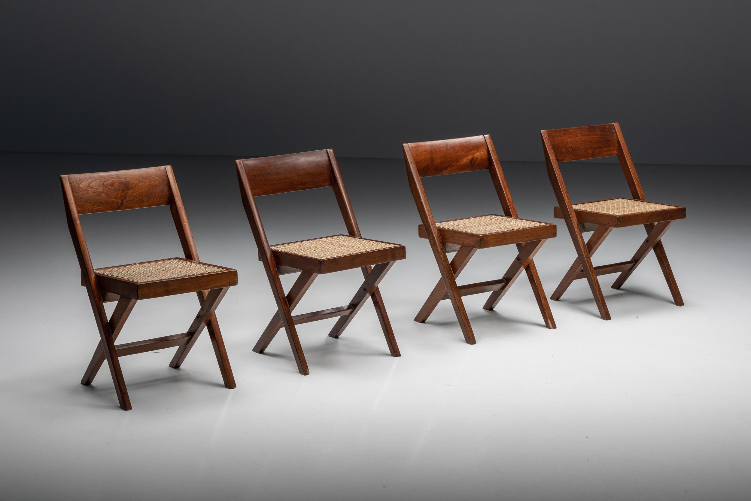 Indian Library Chair by Pierre Jeanneret, 1950's, Chandigarh, Dining chairs, Set of Four