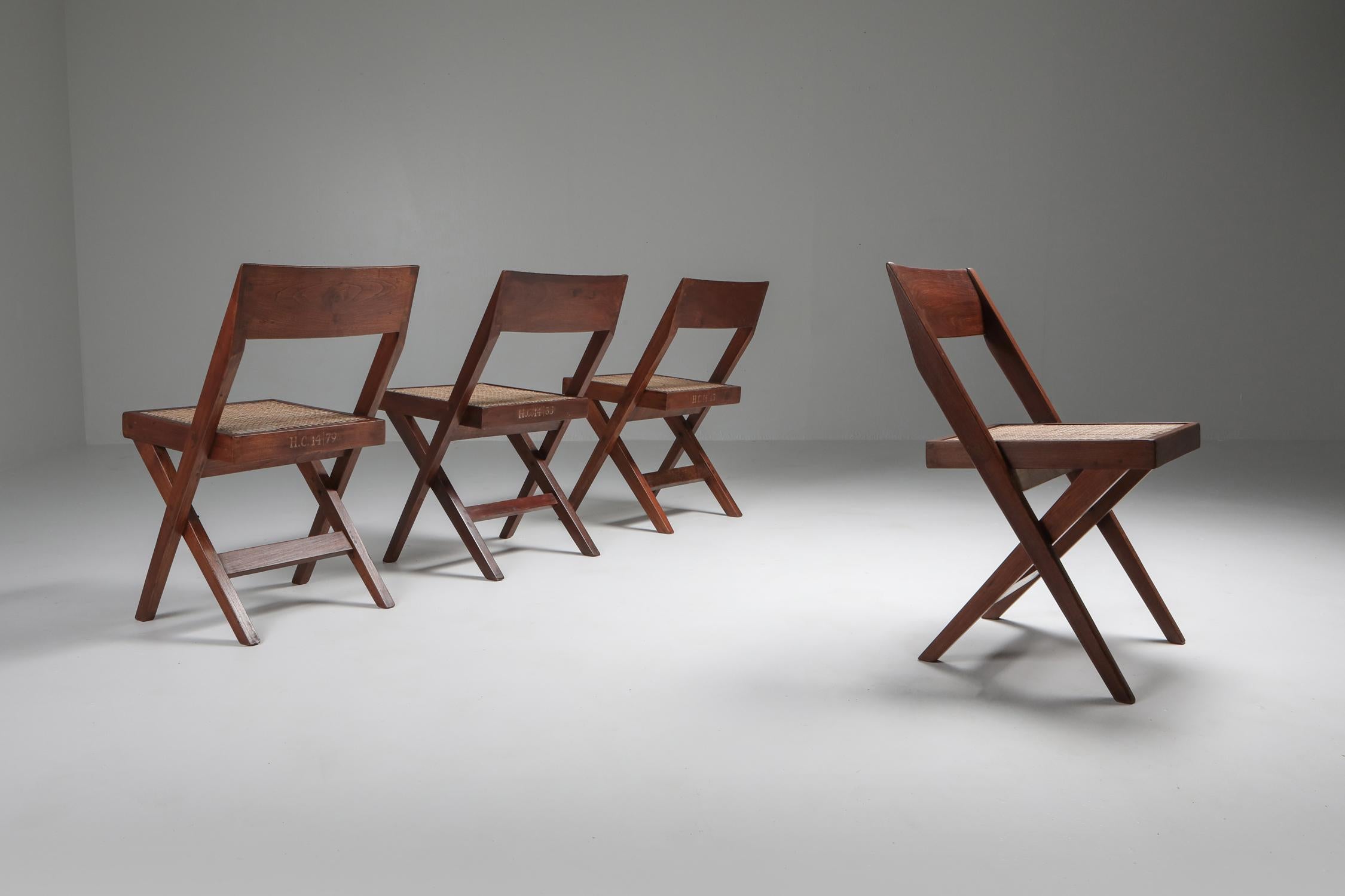 Pierre Jeanneret, library chair, set of four, India, 1952-1965

H.C 14 / 33, 43, 47, 79
Meaning chairs nr 33, 43, 47, 79 for Room 14 of the High Court of Chandigarh
It's a rare feat to have the chairs perfectly identifiable.

Another
