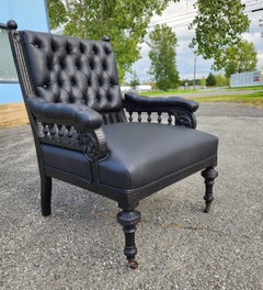 Library Chair in Carved and Ebonized Wood With Black Leather