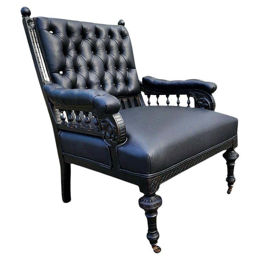 Library Chair in Carved and Ebonized Wood With Black Leather  For Sale