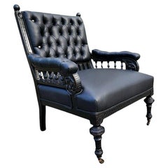 Antique Library Chair in Carved and Ebonized Wood With Black Leather 