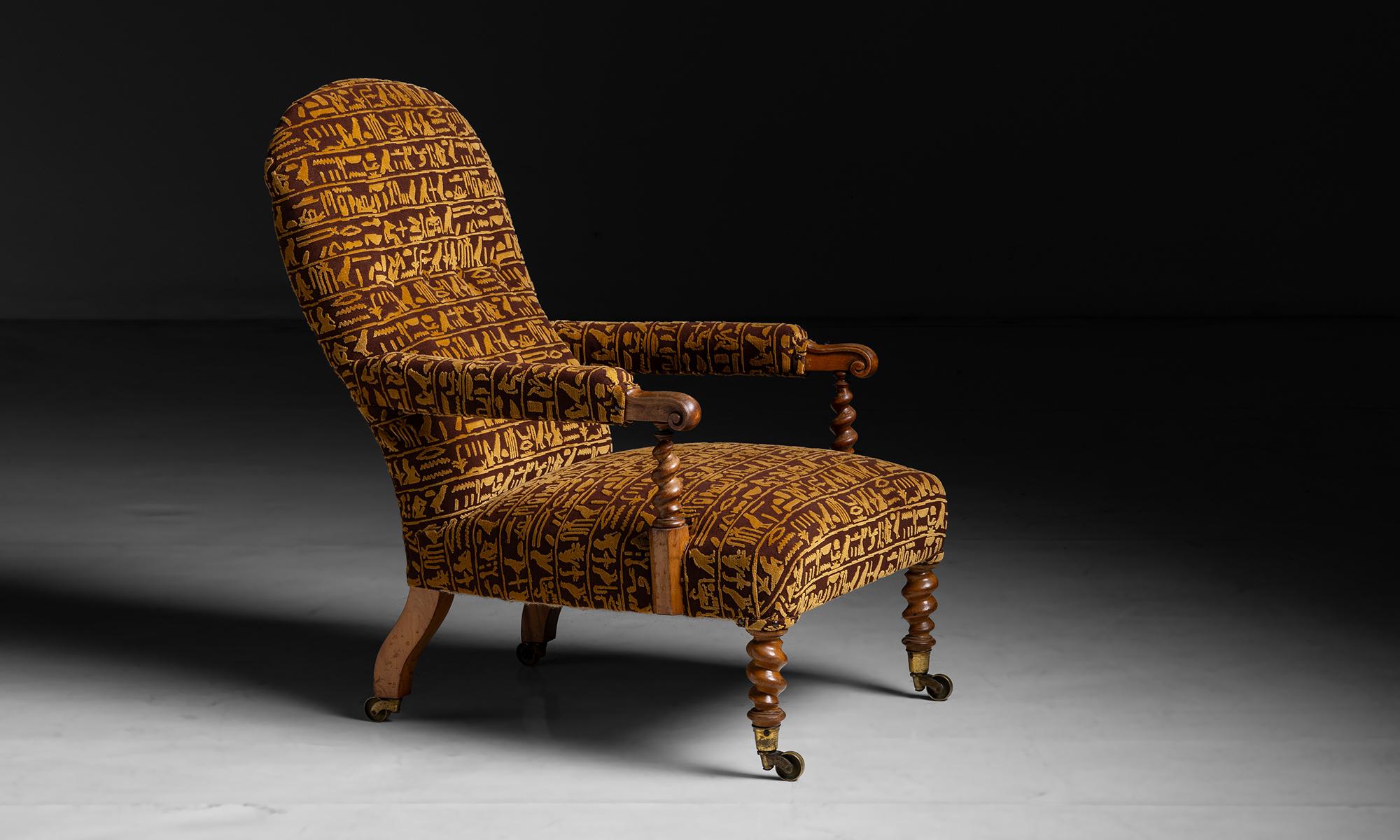 Library Chair in Velvet Fabric by Pierre Frey

England circa 1890

Newly reupholstered, Barley twist legs and arms.

Measures 24.5”w x 34”d x 36”h x 13”seat