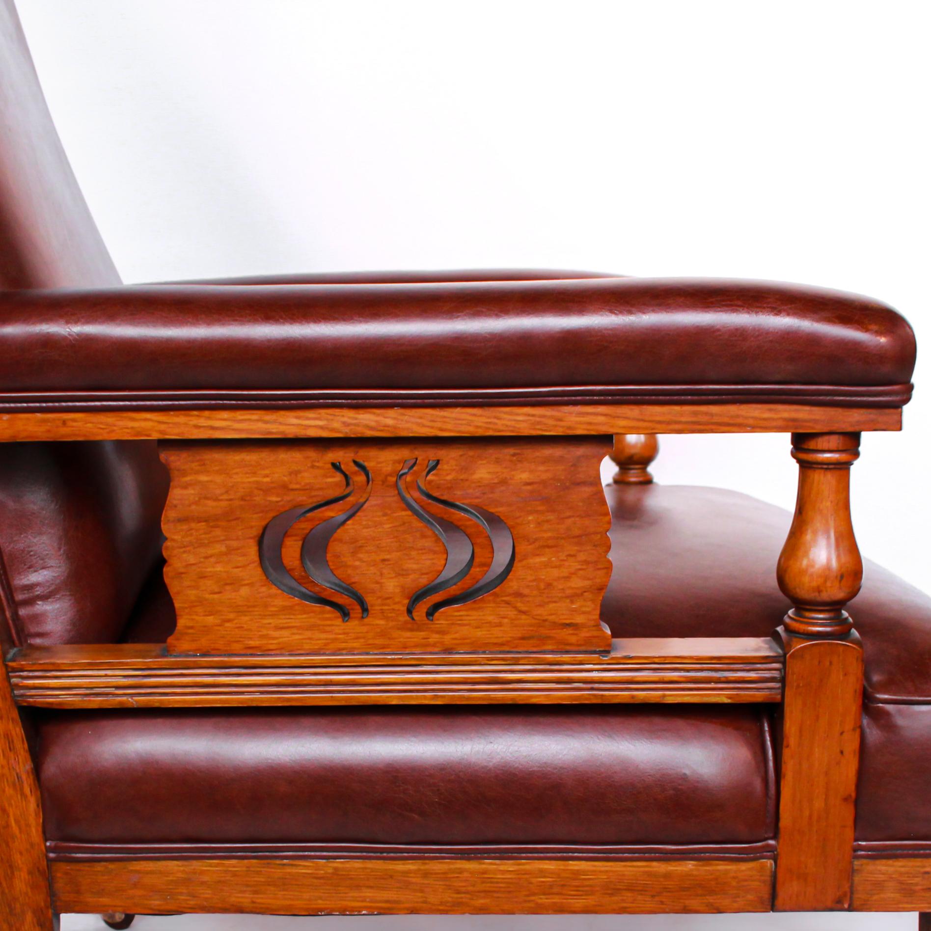 A Pair of Arts & Craft's Library Chairs Solid Oak Upholstery in Chestnut Leather 3