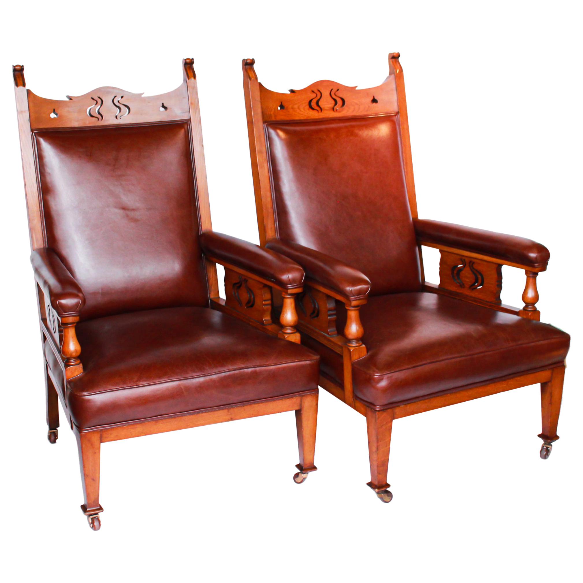 A Pair of Arts & Craft's Library Chairs Solid Oak Upholstery in Chestnut Leather
