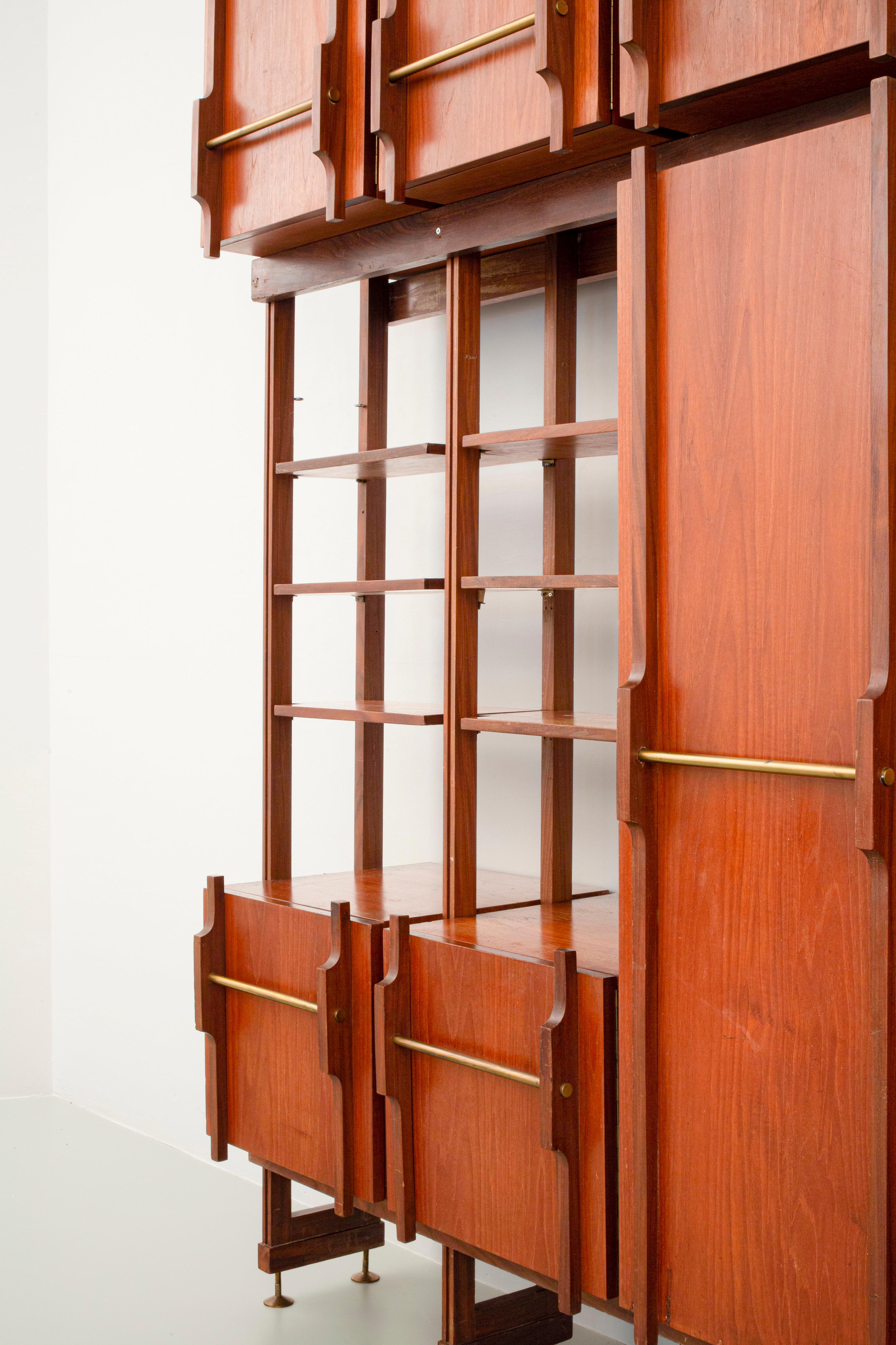 Mid-Century Modern Library / Wardrobe in Teak, Walnut and Brass, Italy, 1960's For Sale